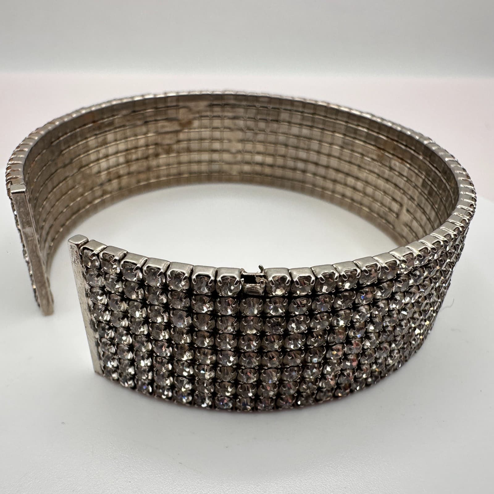 Vintage 50s Multi Row Clear Rhinestone Silver Tone Wide Cuff Bangle Jewelry - Thumbnail 5
