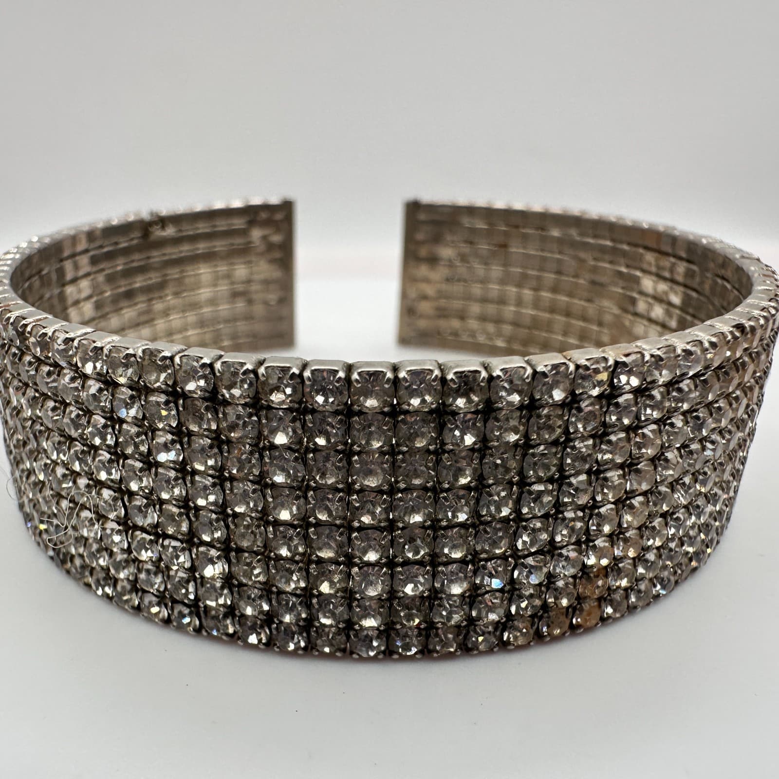 Vintage 50s Multi Row Clear Rhinestone Silver Tone Wide Cuff Bangle Jewelry - Thumbnail 2
