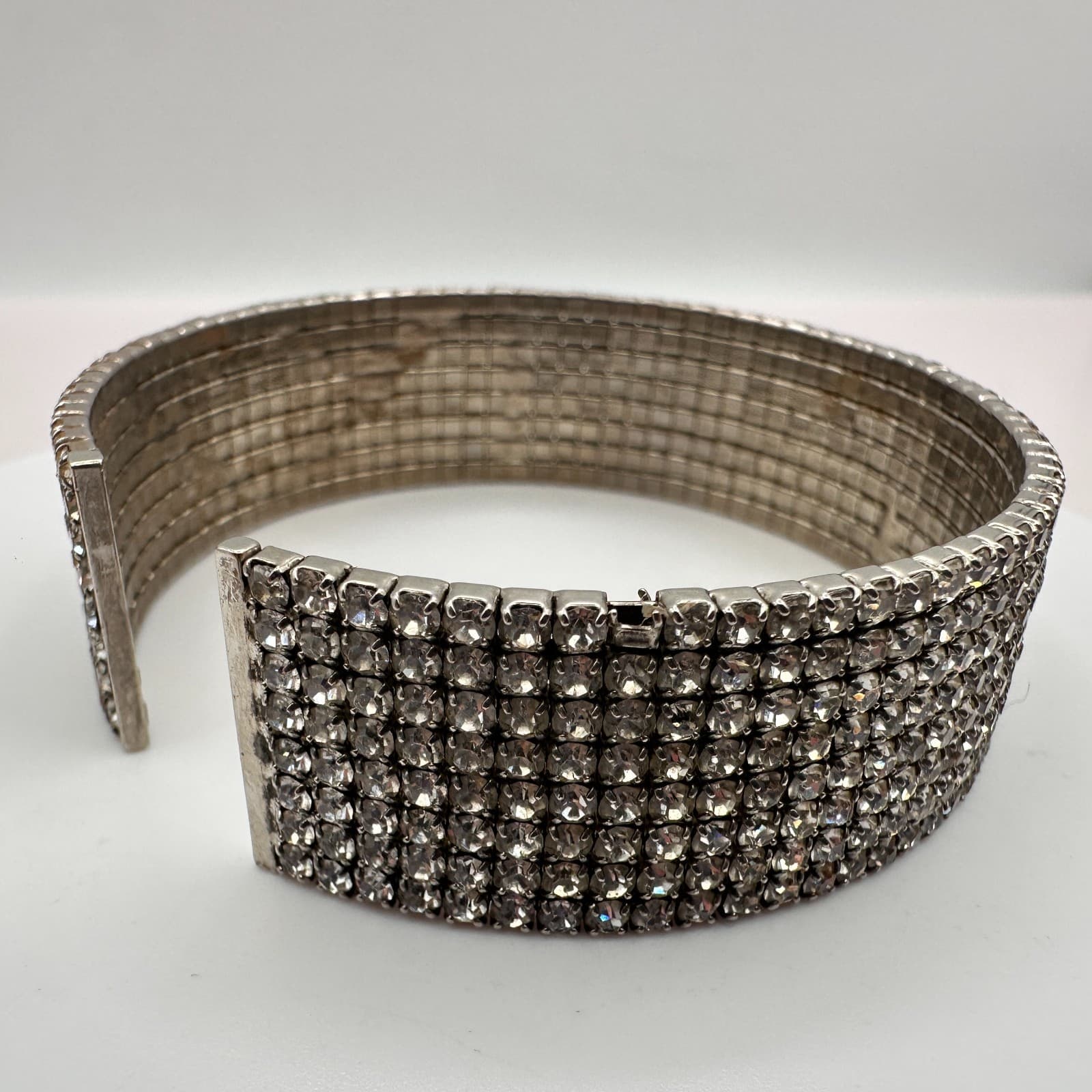 Vintage 50s Multi Row Clear Rhinestone Silver Tone Wide Cuff Bangle Jewelry - Thumbnail 4
