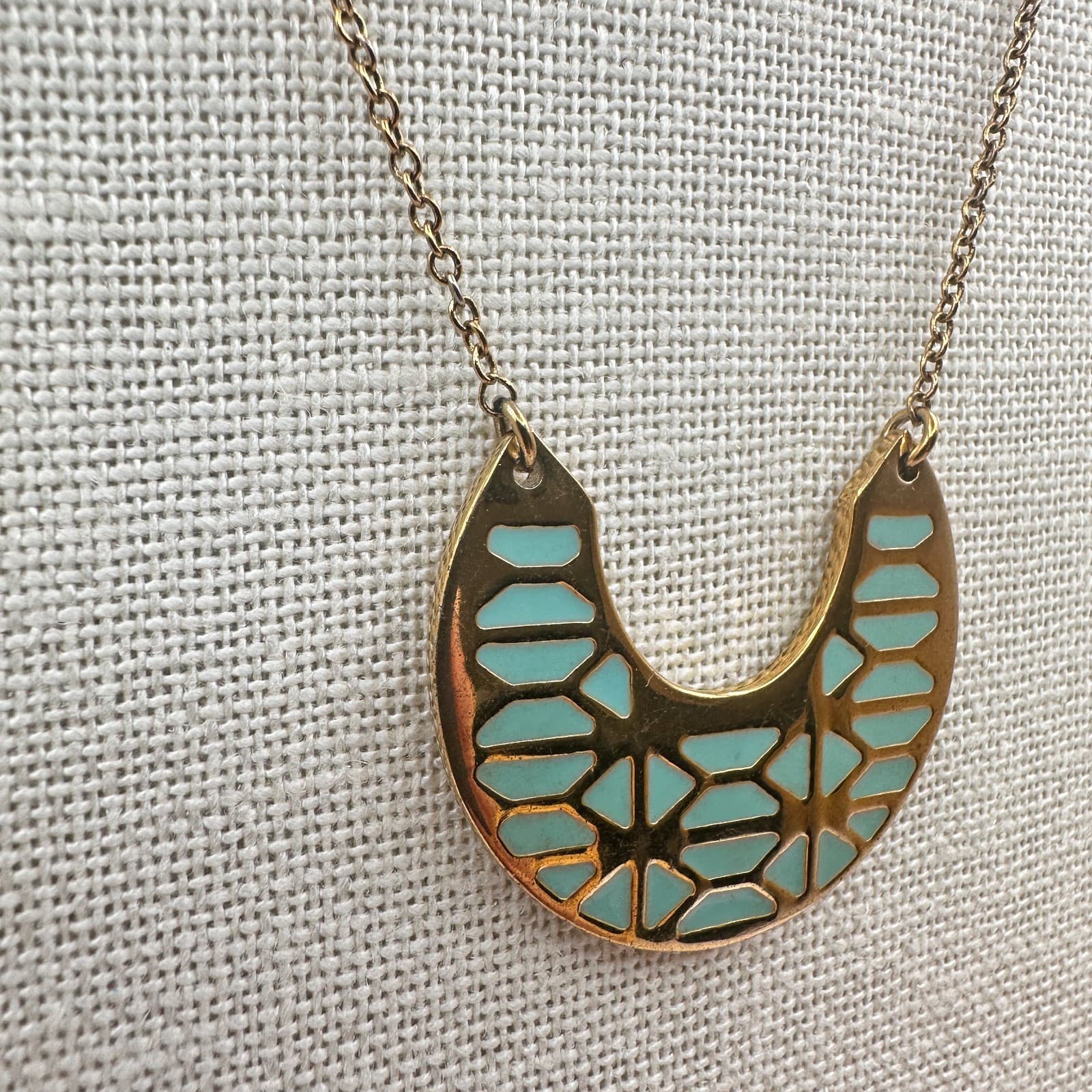 Vintage 90s Stella & Dot Breezeblock Gold Tone Turquoise Pendant Necklace - Thumbnail 3