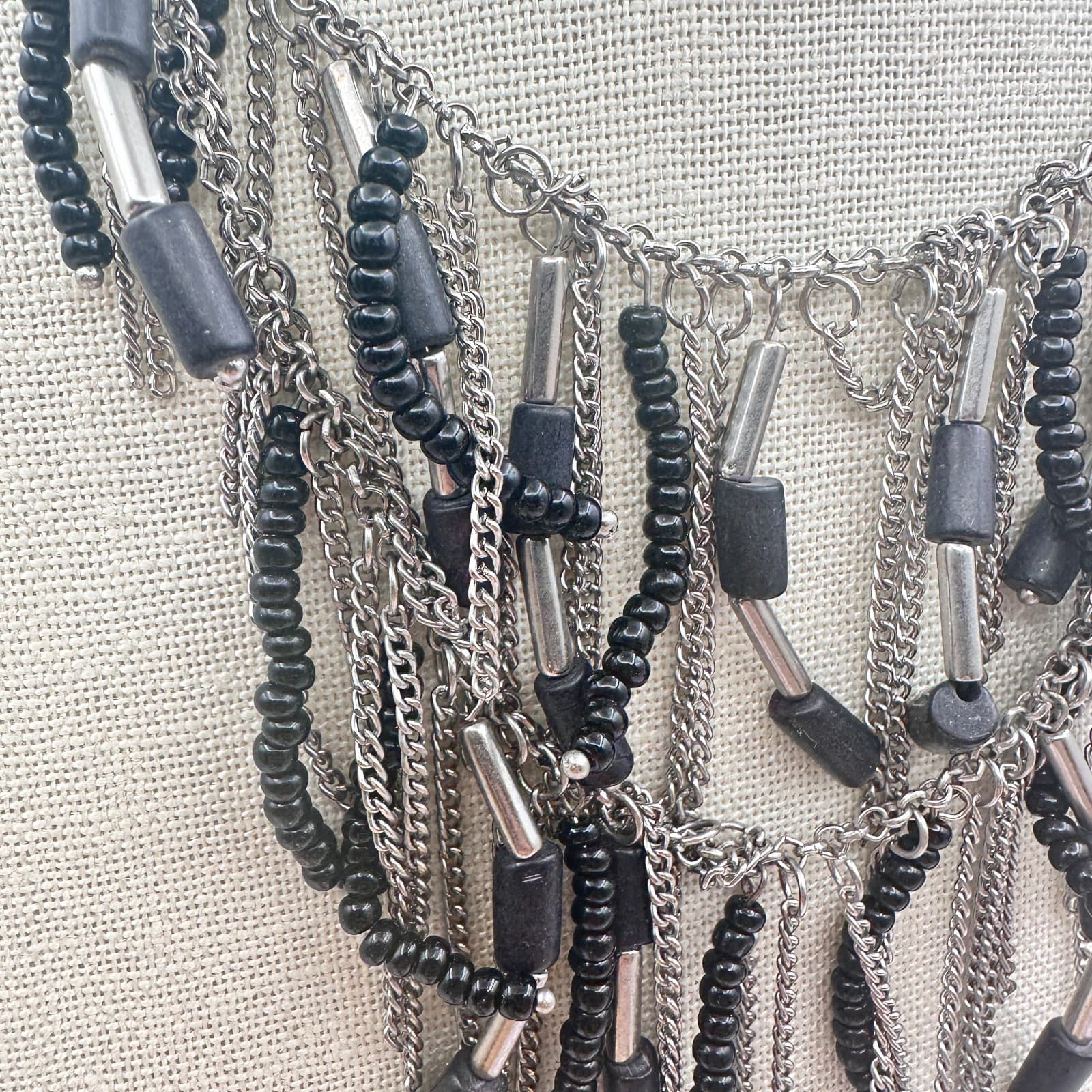 Vintage Y2K Silver Tone Multi Chain Black Beaded Boho Fringe Statement Necklace - Thumbnail 5