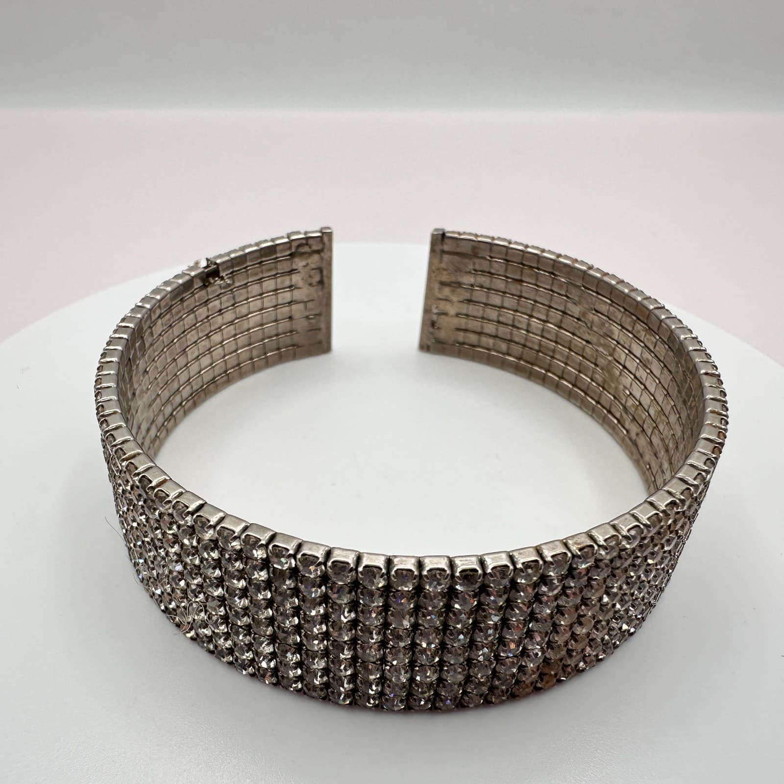 Vintage 50s Multi Row Clear Rhinestone Silver Tone Wide Cuff Bangle Jewelry - Thumbnail 3