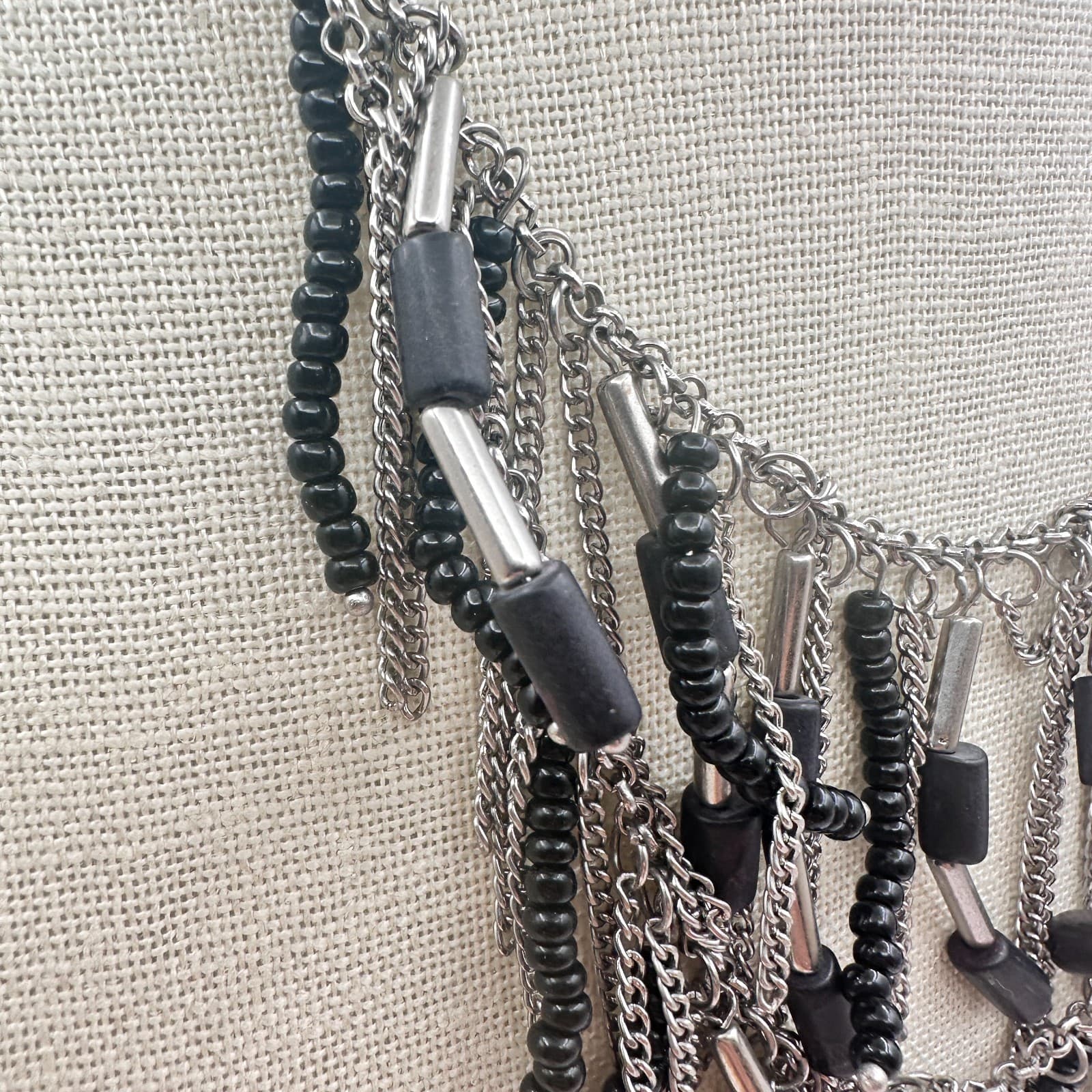 Vintage Y2K Silver Tone Multi Chain Black Beaded Boho Fringe Statement Necklace - Thumbnail 4