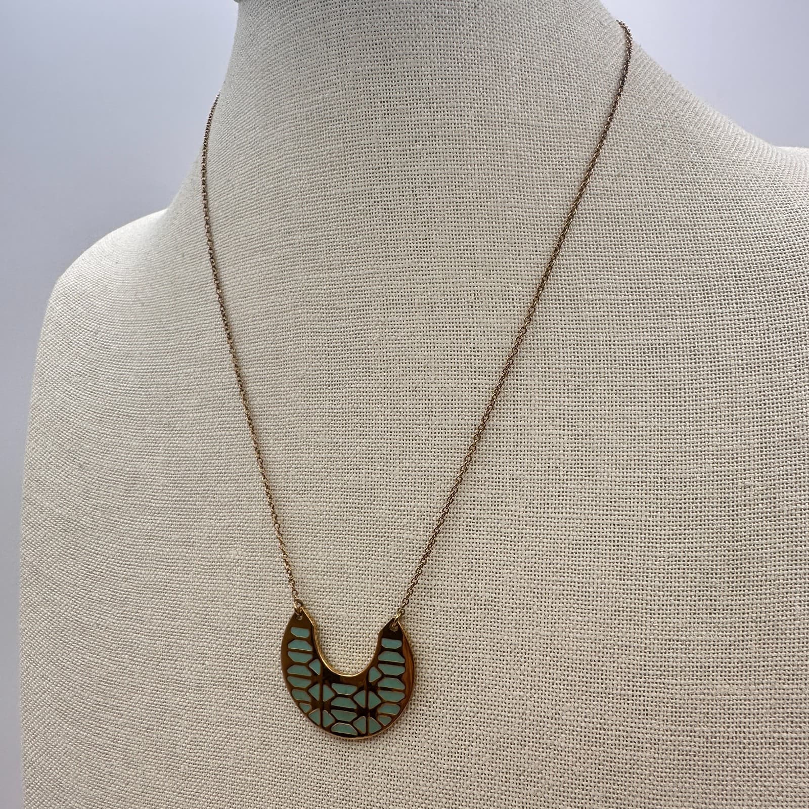 Vintage 90s Stella & Dot Breezeblock Gold Tone Turquoise Pendant Necklace - Thumbnail 6