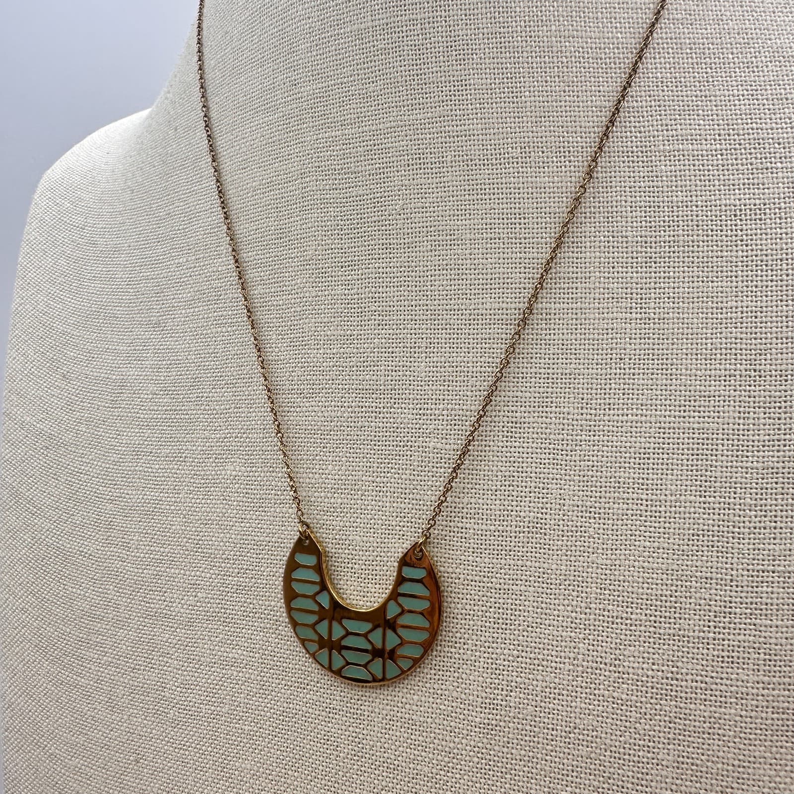 Vintage 90s Stella & Dot Breezeblock Gold Tone Turquoise Pendant Necklace - Thumbnail 5