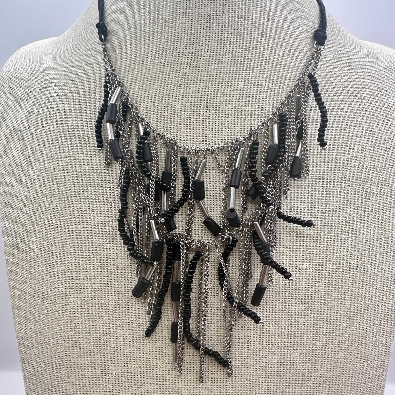 Vintage Y2K Silver Tone Multi Chain Black Beaded Boho Fringe Statement Necklace - Thumbnail 6
