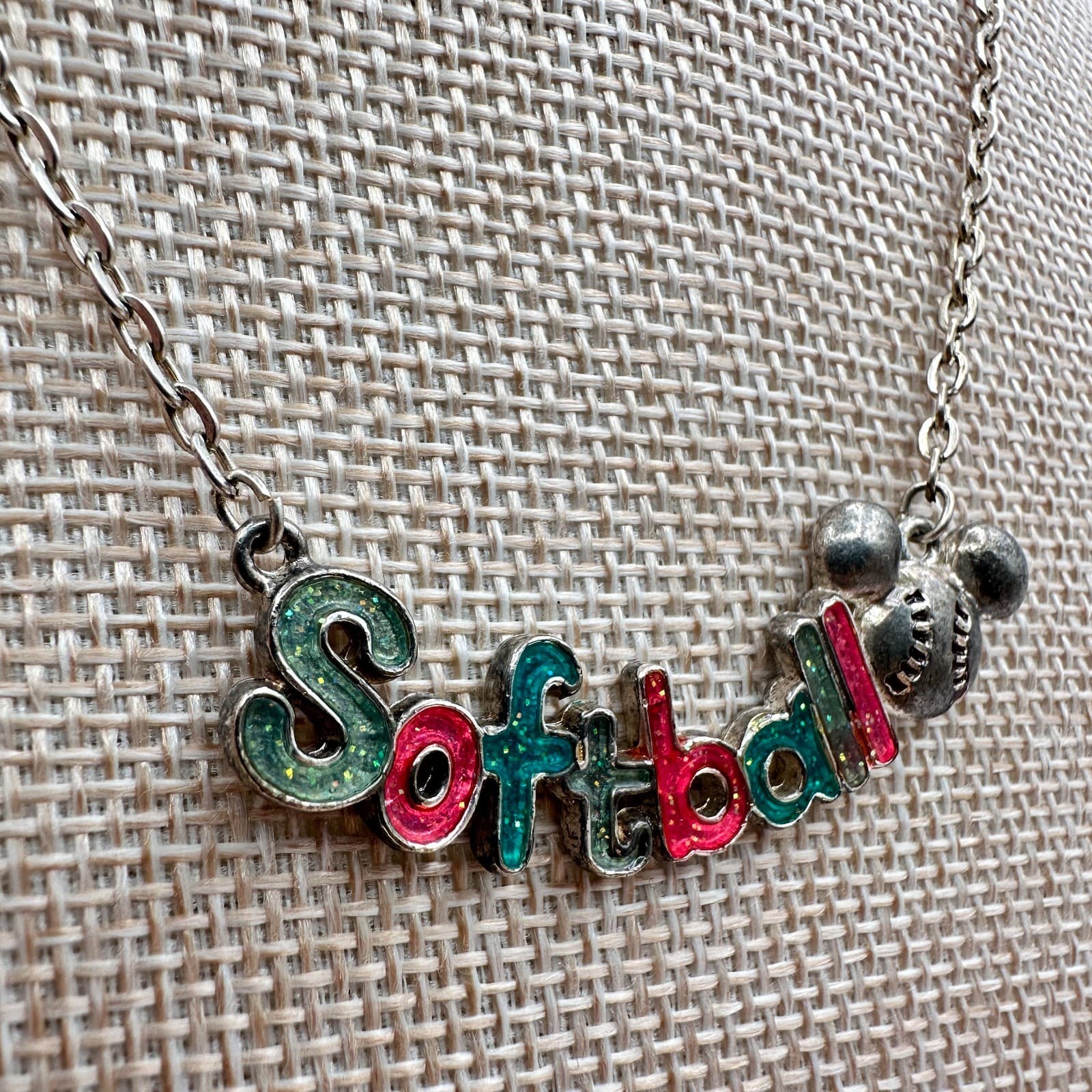 Vintage 80s Softball Word Pendant Necklace Silver Tone Cable Chain Retro Jewelry - Thumbnail 4