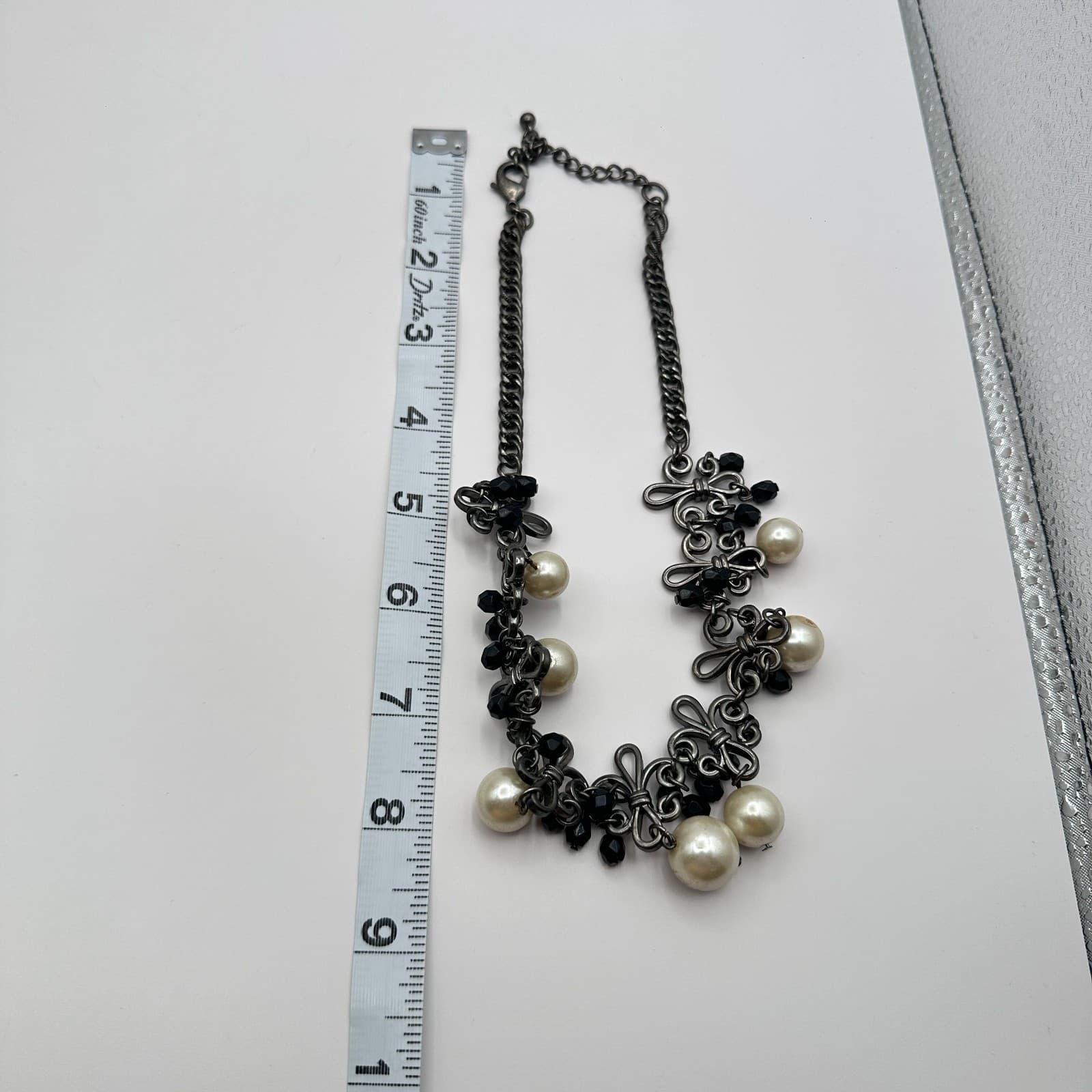 Vintage Y2K Black Onyx Beaded Faux Pearl Bib Necklace Gunmetal Filigree Jewelry - Thumbnail 7