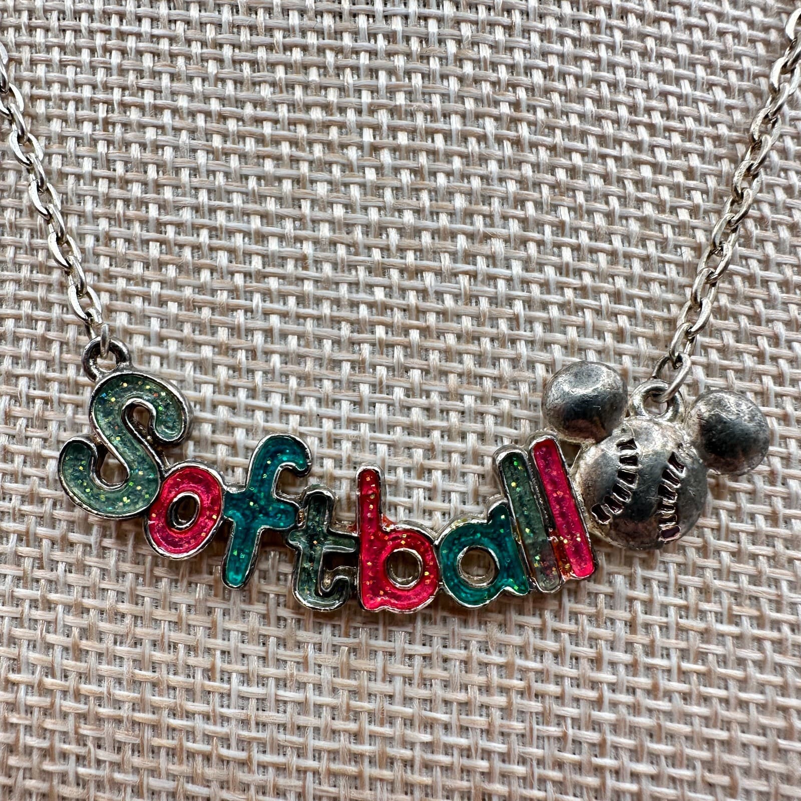 Vintage 80s Softball Word Pendant Necklace Silver Tone Cable Chain Retro Jewelry - Thumbnail 3