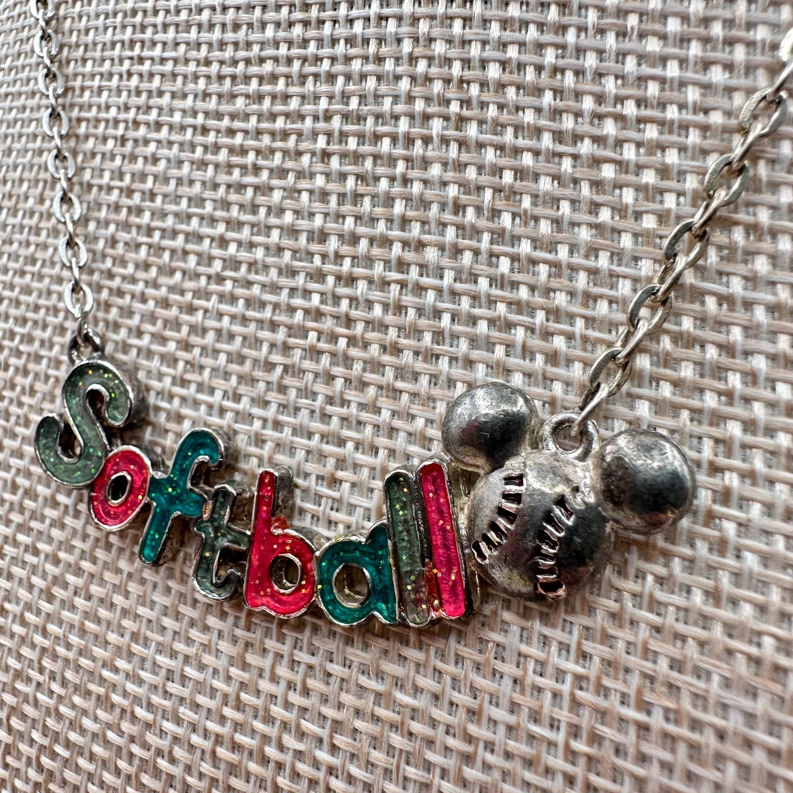 Vintage 80s Softball Word Pendant Necklace Silver Tone Cable Chain Retro Jewelry - Thumbnail 6
