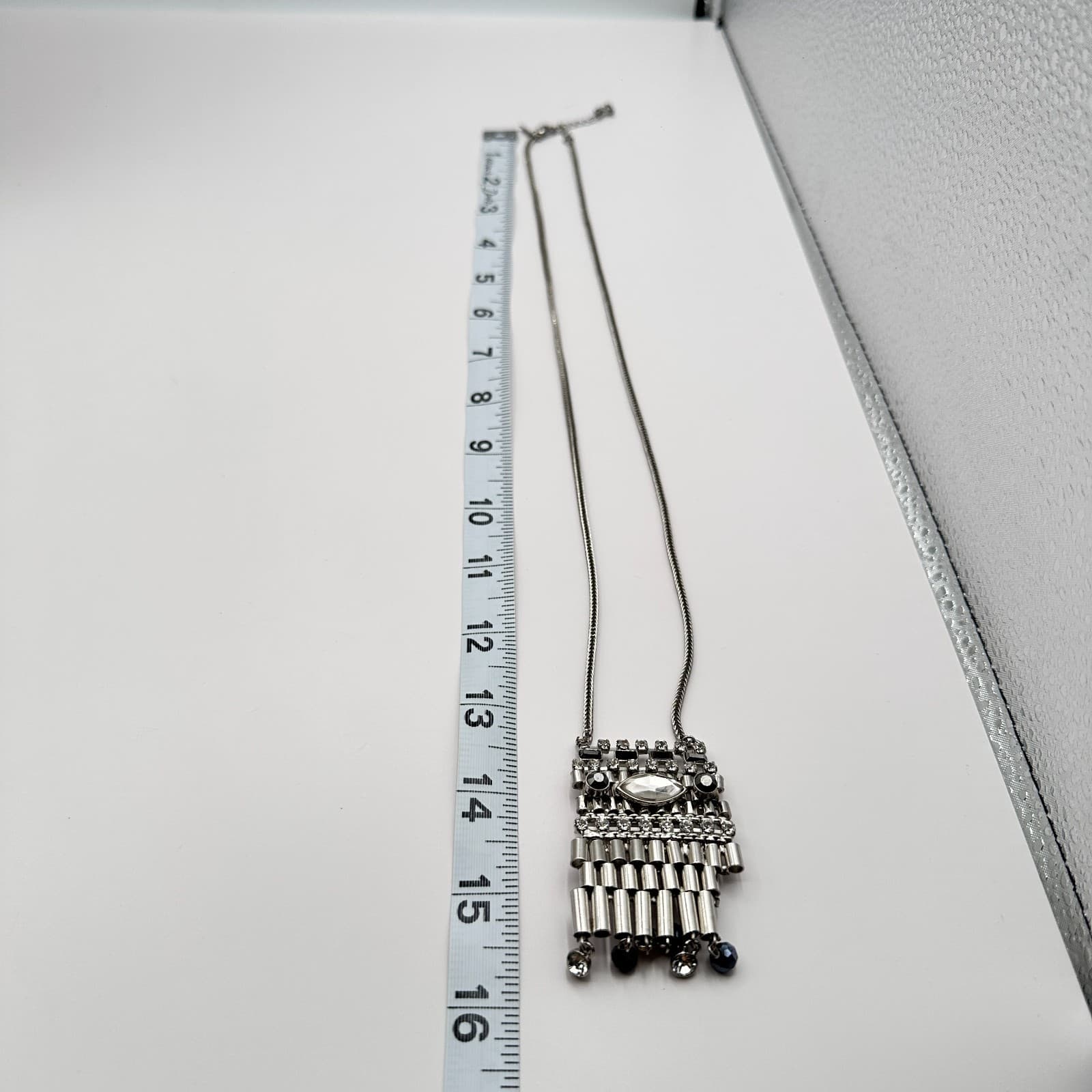Vintage Y2K Silver Tone Clear Rhinestone Beaded Fringe Pendant Necklace Jewelry - Thumbnail 8