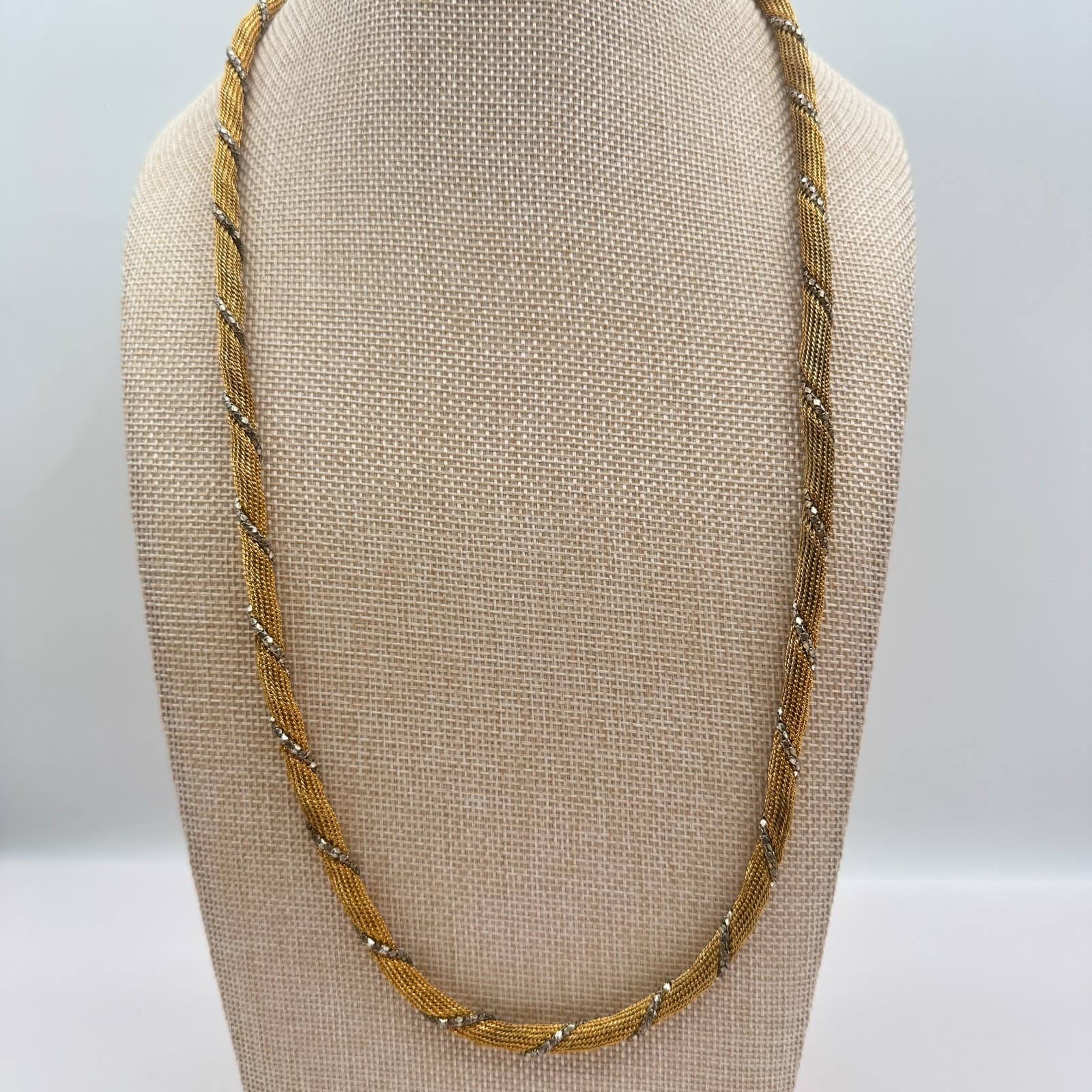 Vintage 80s Two Tone Gold Silver Twisted Mesh Rope Chain Necklace Retro Jewelry - Thumbnail 2