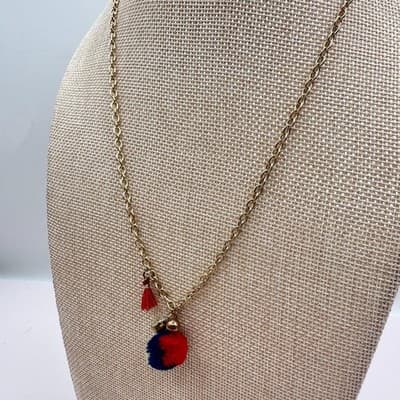Vintage 80s Gold Tone Chain Necklace Red Navy Po Tassel Charm Rhinestone Jewelry - Thumbnail 6