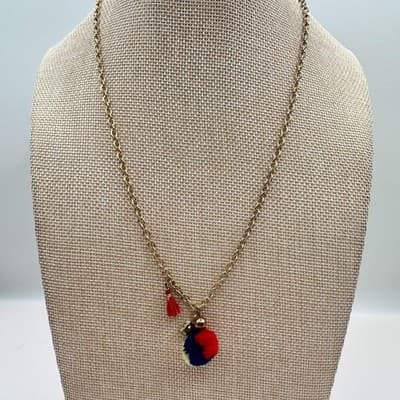 Vintage 80s Gold Tone Chain Necklace Red Navy Po Tassel Charm Rhinestone Jewelry - Thumbnail 8