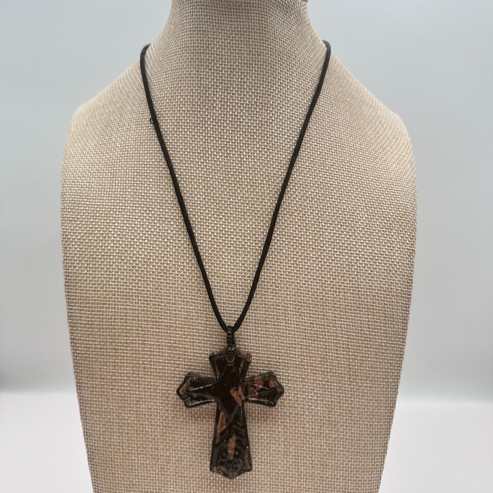 Vintage 80s Murano Blown Glass Cross Pendant Foil Flecked Black Cord Jewelry