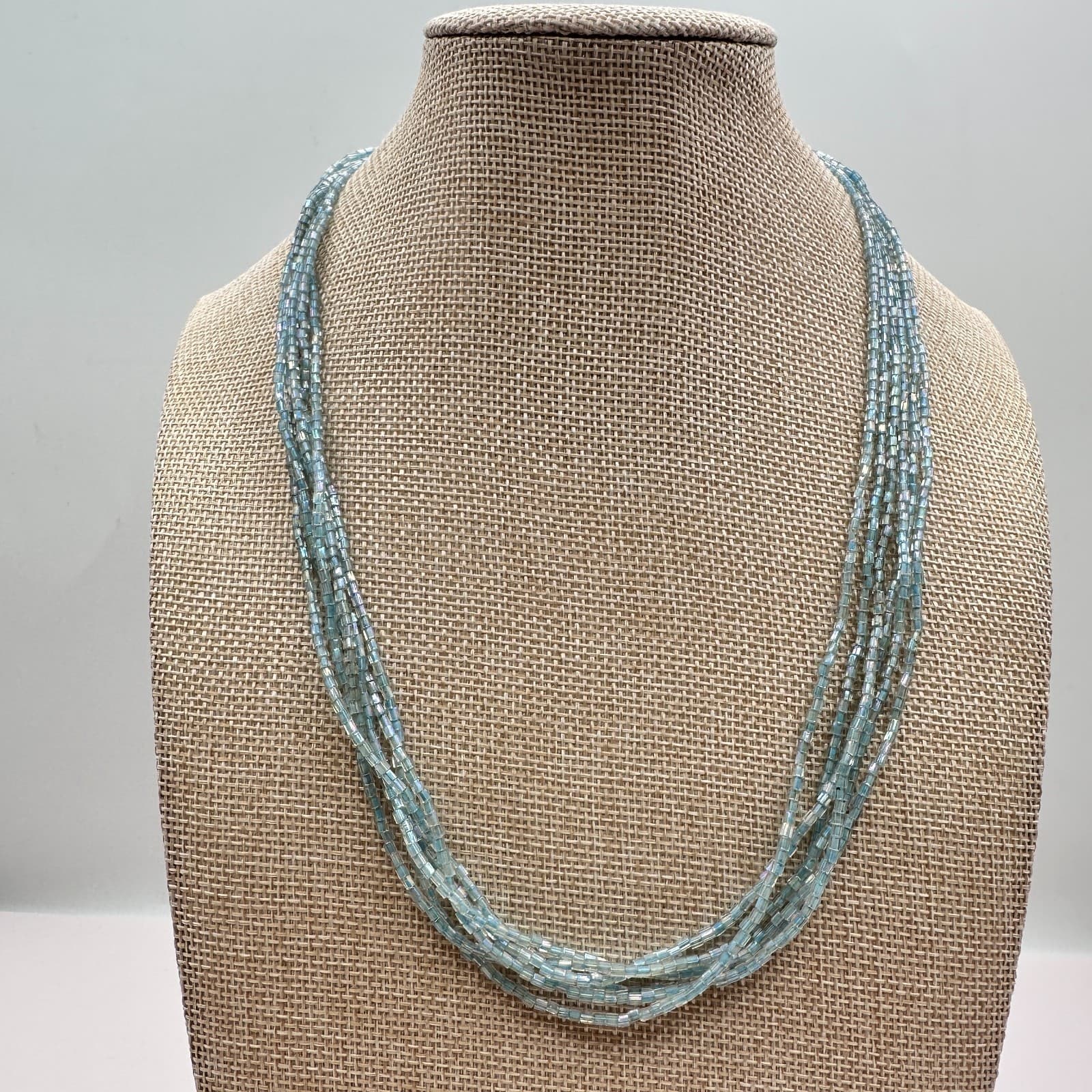 Vintage Y2K Multi Strand Sky Blue Seed Beaded Necklace Boho Minimalist Jewelry - Thumbnail 5