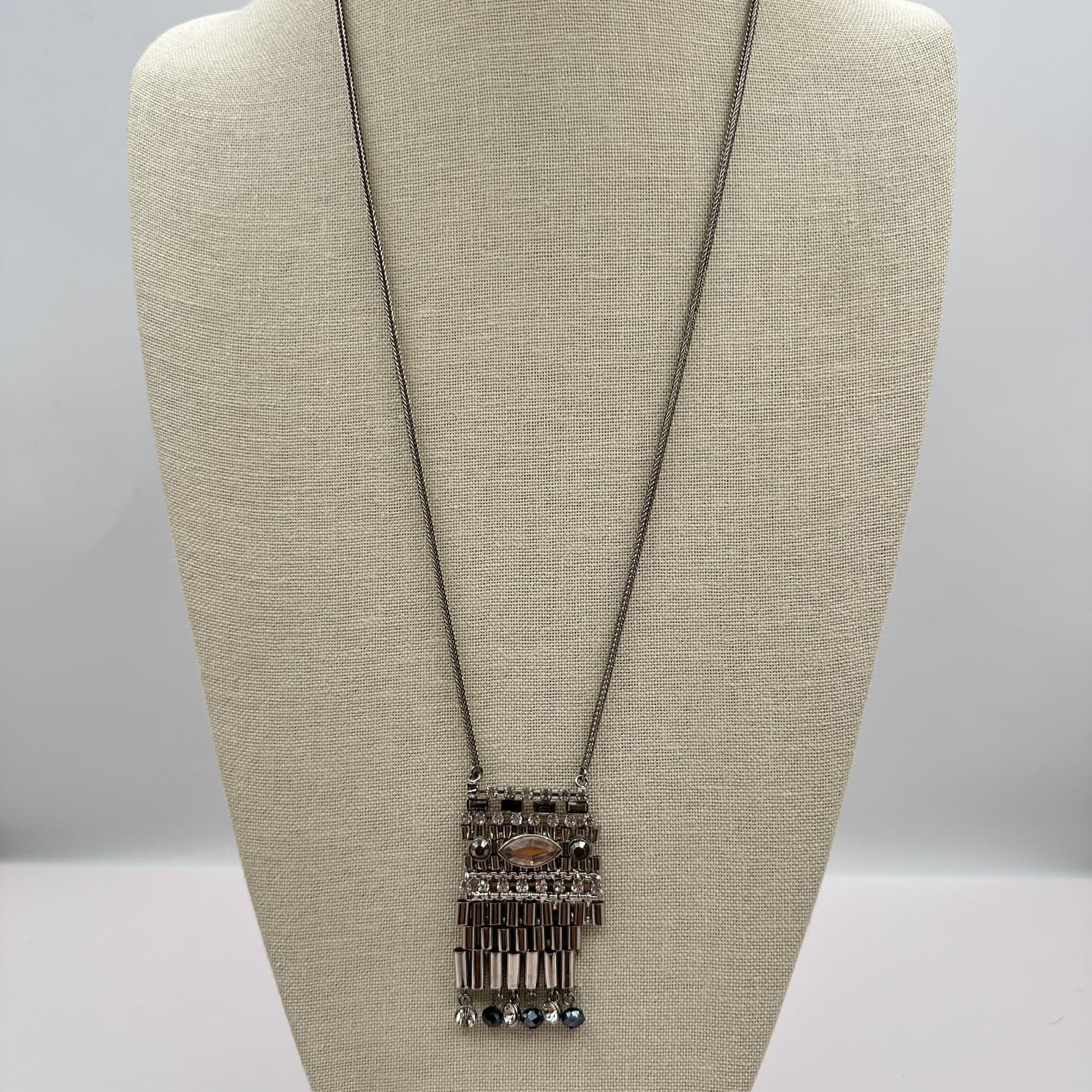 Vintage Y2K Silver Tone Clear Rhinestone Beaded Fringe Pendant Necklace Jewelry - Thumbnail 3