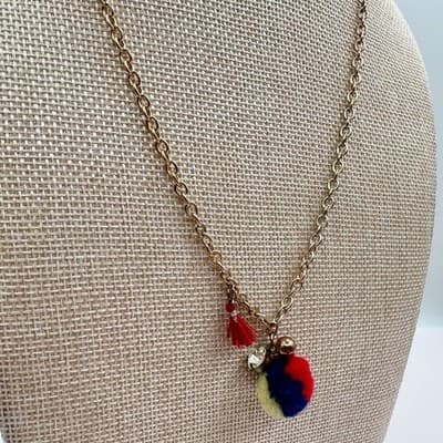 Vintage 80s Gold Tone Chain Necklace Red Navy Po Tassel Charm Rhinestone Jewelry - Thumbnail 7