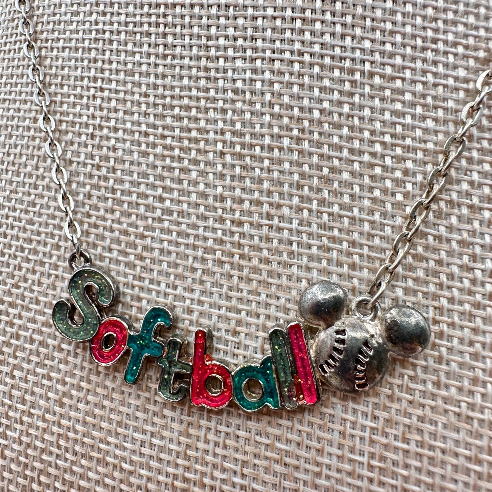 Vintage 80s Softball Word Pendant Necklace Silver Tone Cable Chain Retro Jewelry - Thumbnail 7