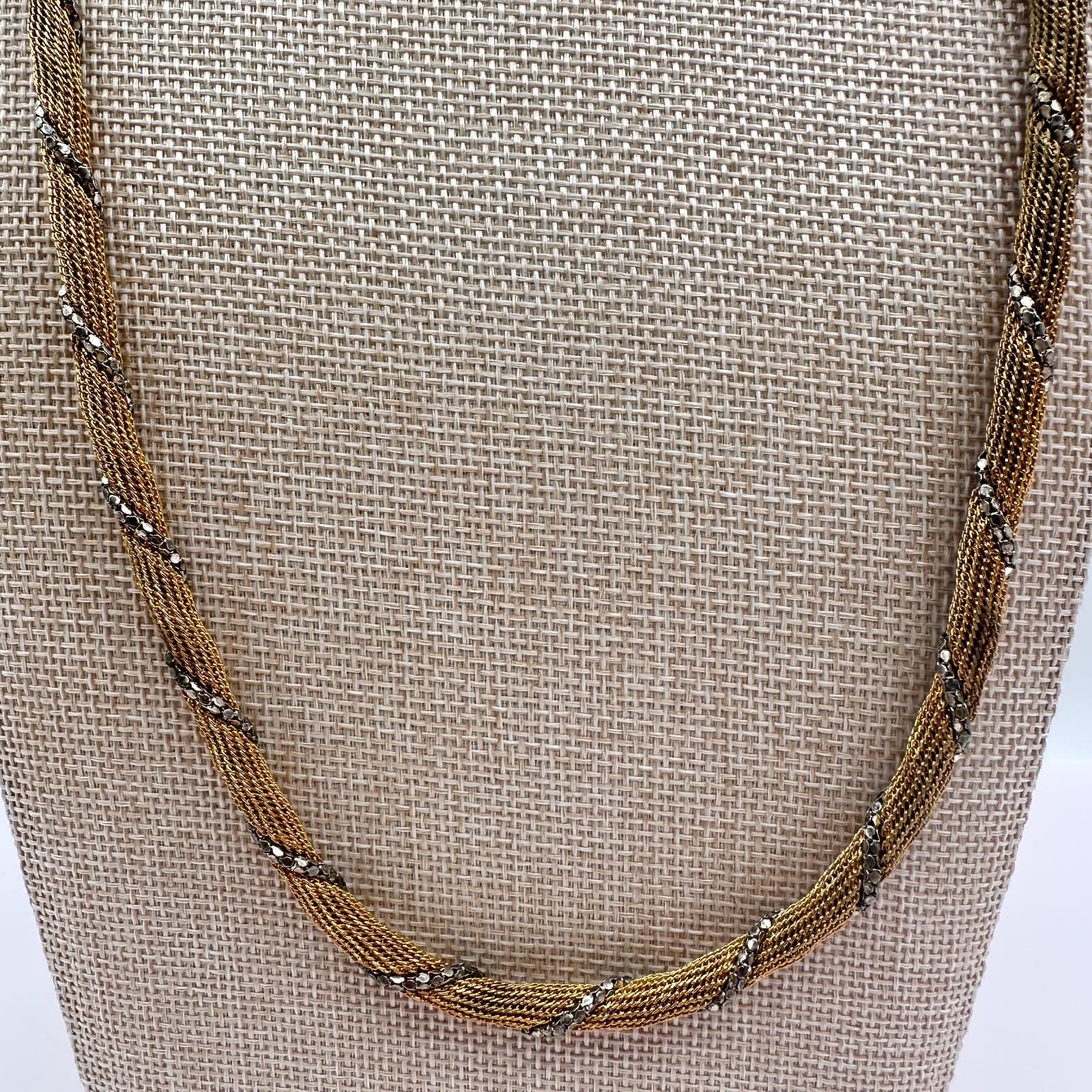 Vintage 80s Two Tone Gold Silver Twisted Mesh Rope Chain Necklace Retro Jewelry - Thumbnail 3