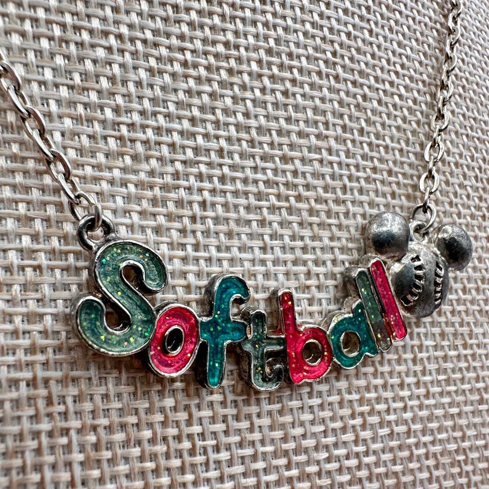 Vintage 80s Softball Word Pendant Necklace Silver Tone Cable Chain Retro Jewelry - Thumbnail 5