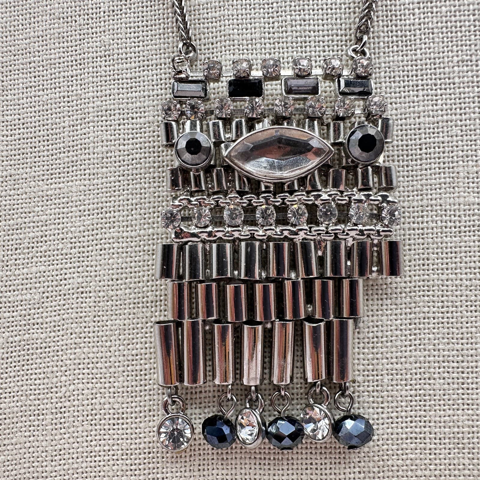 Vintage Y2K Silver Tone Clear Rhinestone Beaded Fringe Pendant Necklace Jewelry - Thumbnail 4