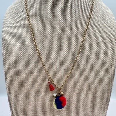 Vintage 80s Gold Tone Chain Necklace Red Navy Po Tassel Charm Rhinestone Jewelry - Thumbnail 2