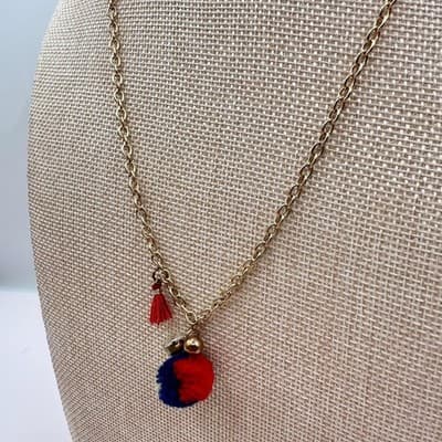 Vintage 80s Gold Tone Chain Necklace Red Navy Po Tassel Charm Rhinestone Jewelry - Thumbnail 5