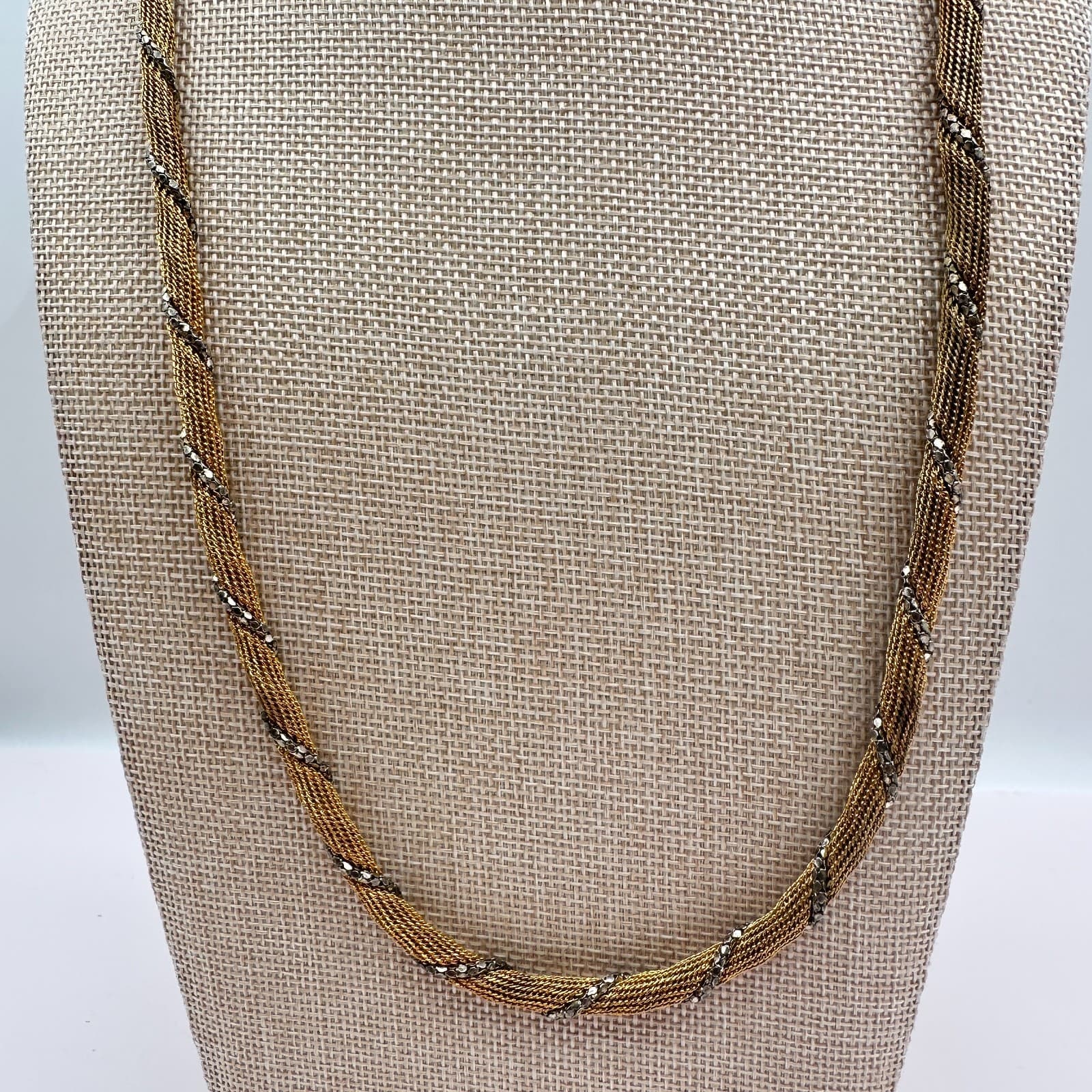 Vintage 80s Two Tone Gold Silver Twisted Mesh Rope Chain Necklace Retro Jewelry - Thumbnail 6