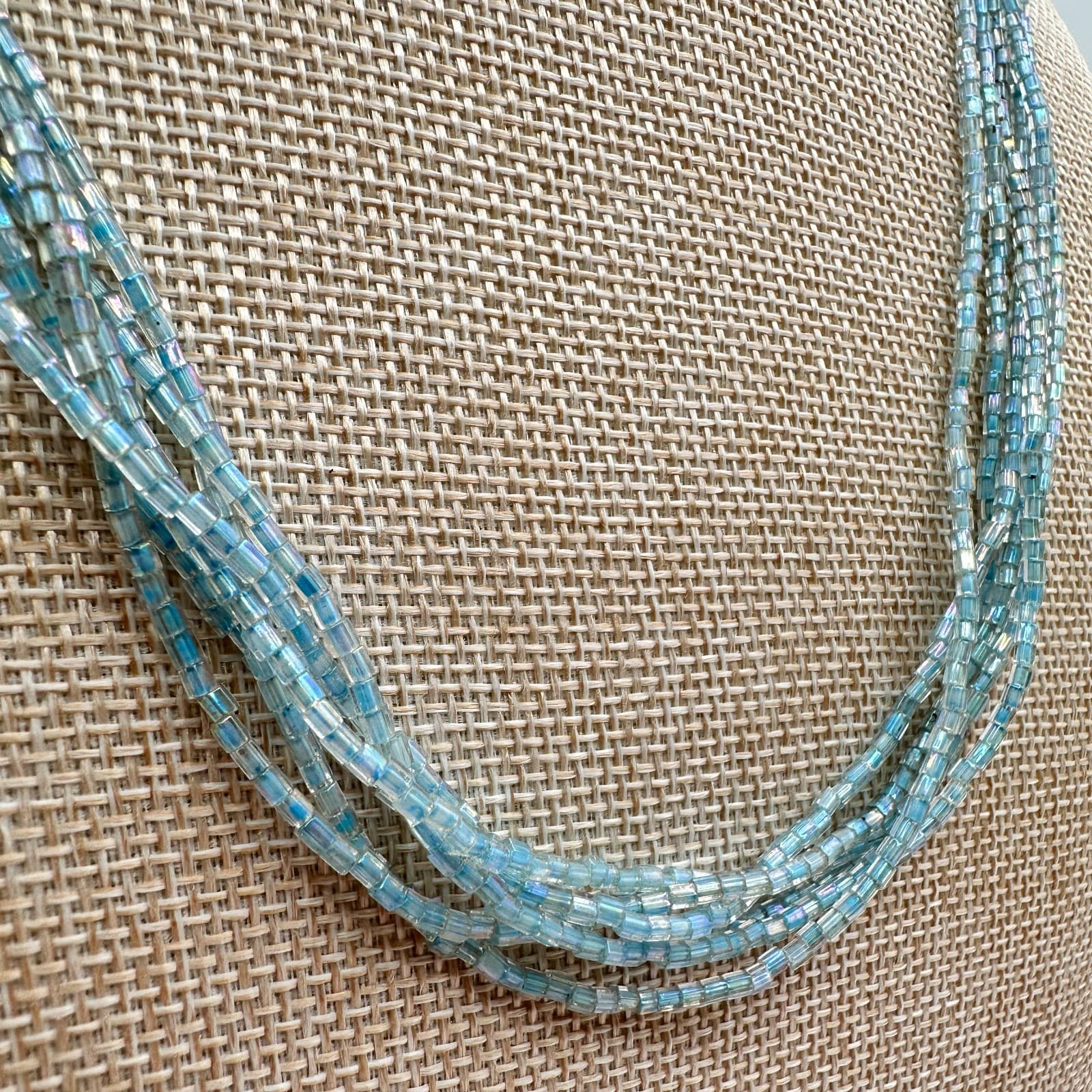 Vintage Y2K Multi Strand Sky Blue Seed Beaded Necklace Boho Minimalist Jewelry - Thumbnail 3