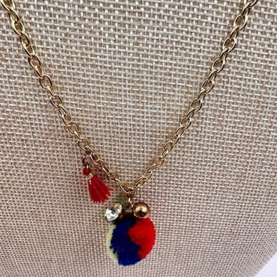 Vintage 80s Gold Tone Chain Necklace Red Navy Po Tassel Charm Rhinestone Jewelry - Thumbnail 3