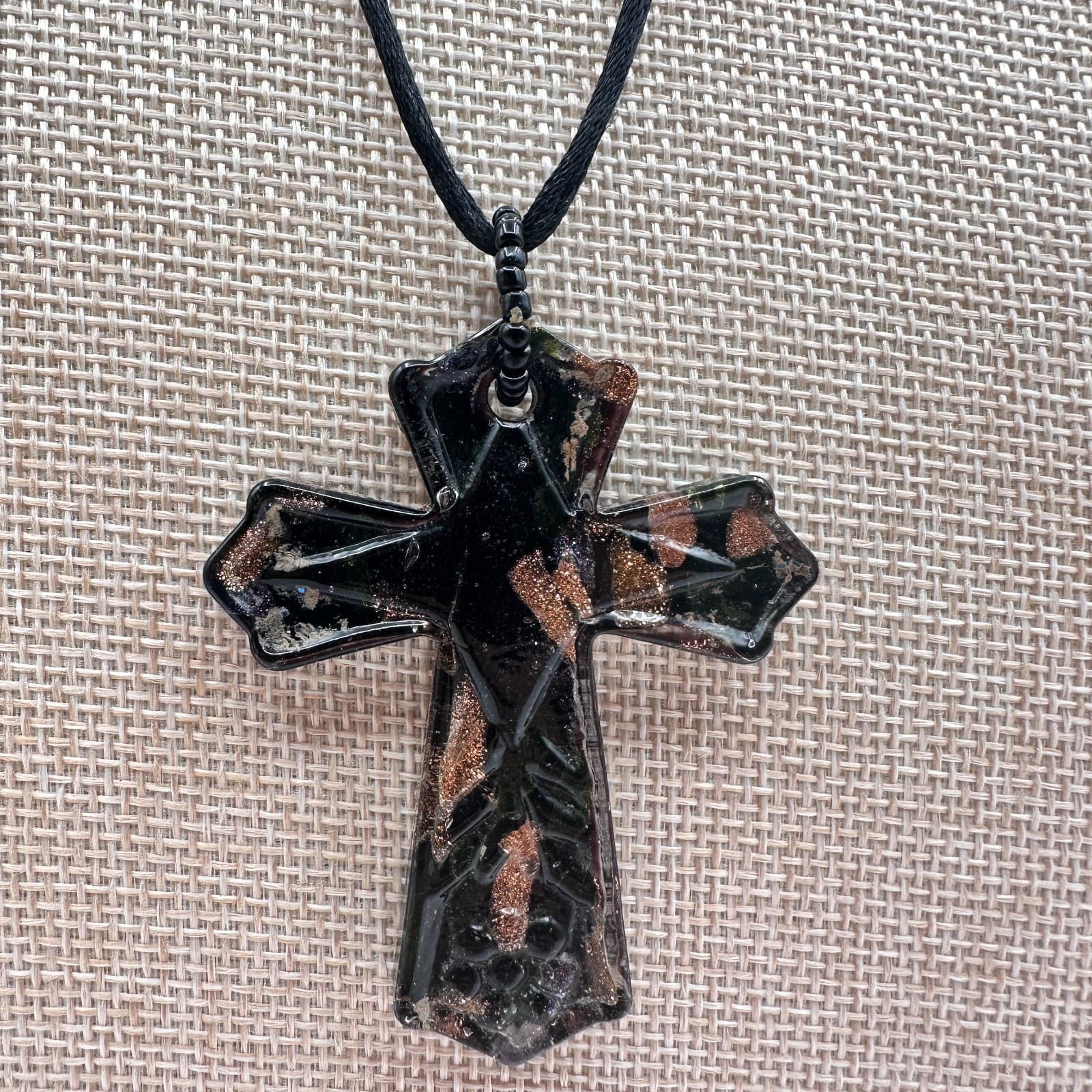 Vintage 80s Murano Blown Glass Cross Pendant Foil Flecked Black Cord Jewelry - Thumbnail 2