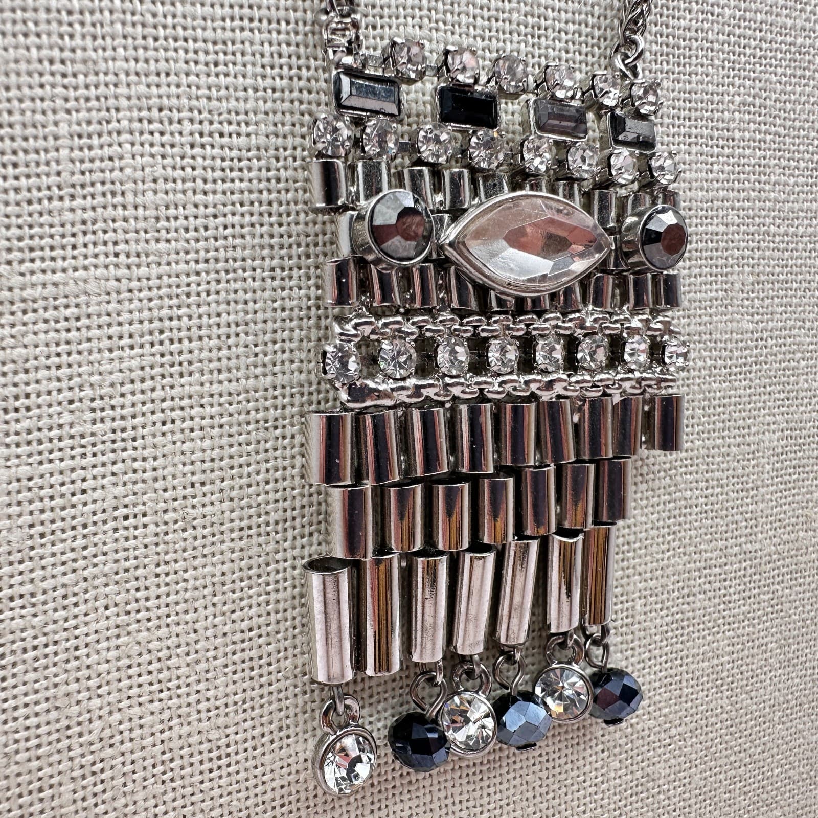 Vintage Y2K Silver Tone Clear Rhinestone Beaded Fringe Pendant Necklace Jewelry - Thumbnail 5