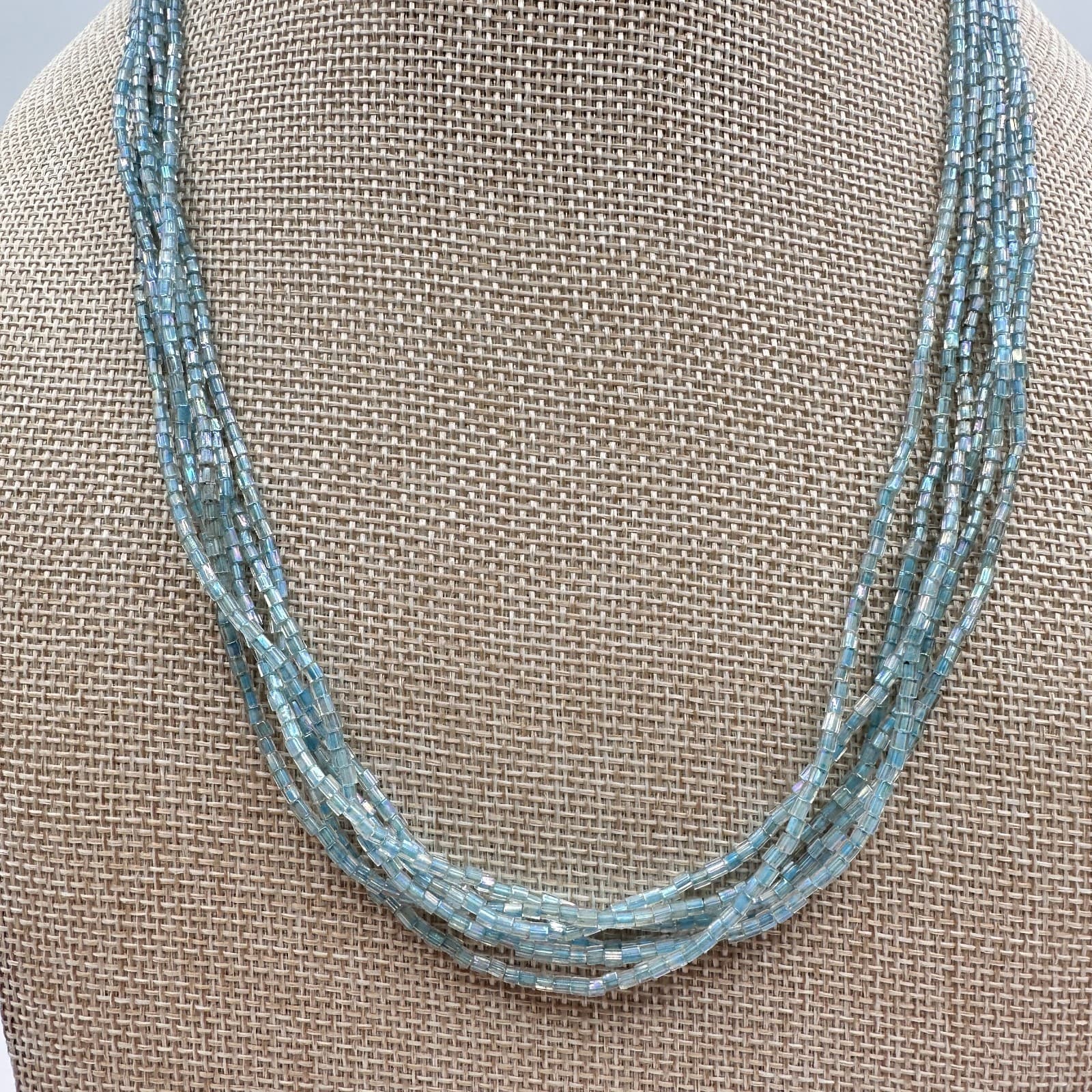 Vintage Y2K Multi Strand Sky Blue Seed Beaded Necklace Boho Minimalist Jewelry - Thumbnail 2