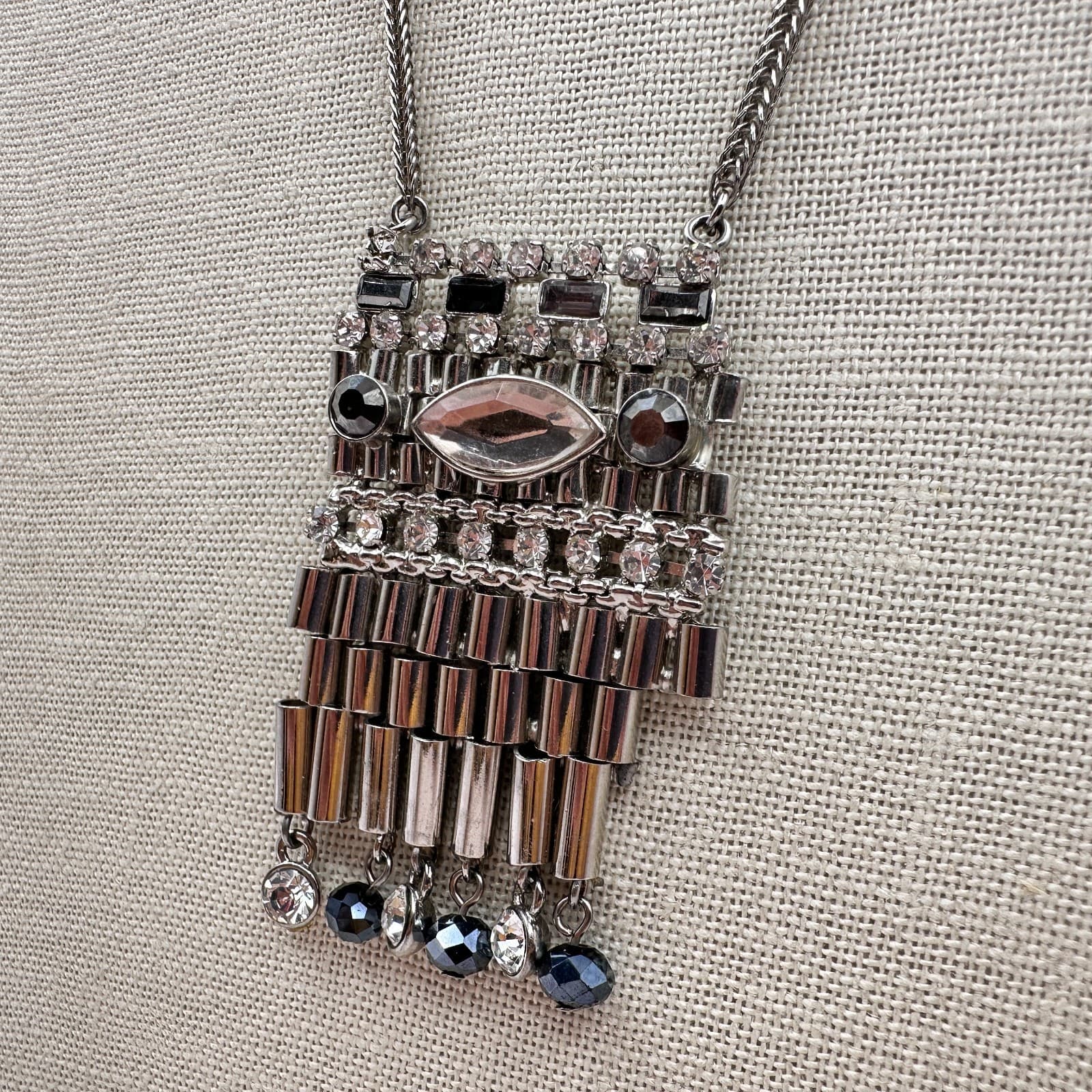 Vintage Y2K Silver Tone Clear Rhinestone Beaded Fringe Pendant Necklace Jewelry - Thumbnail 6