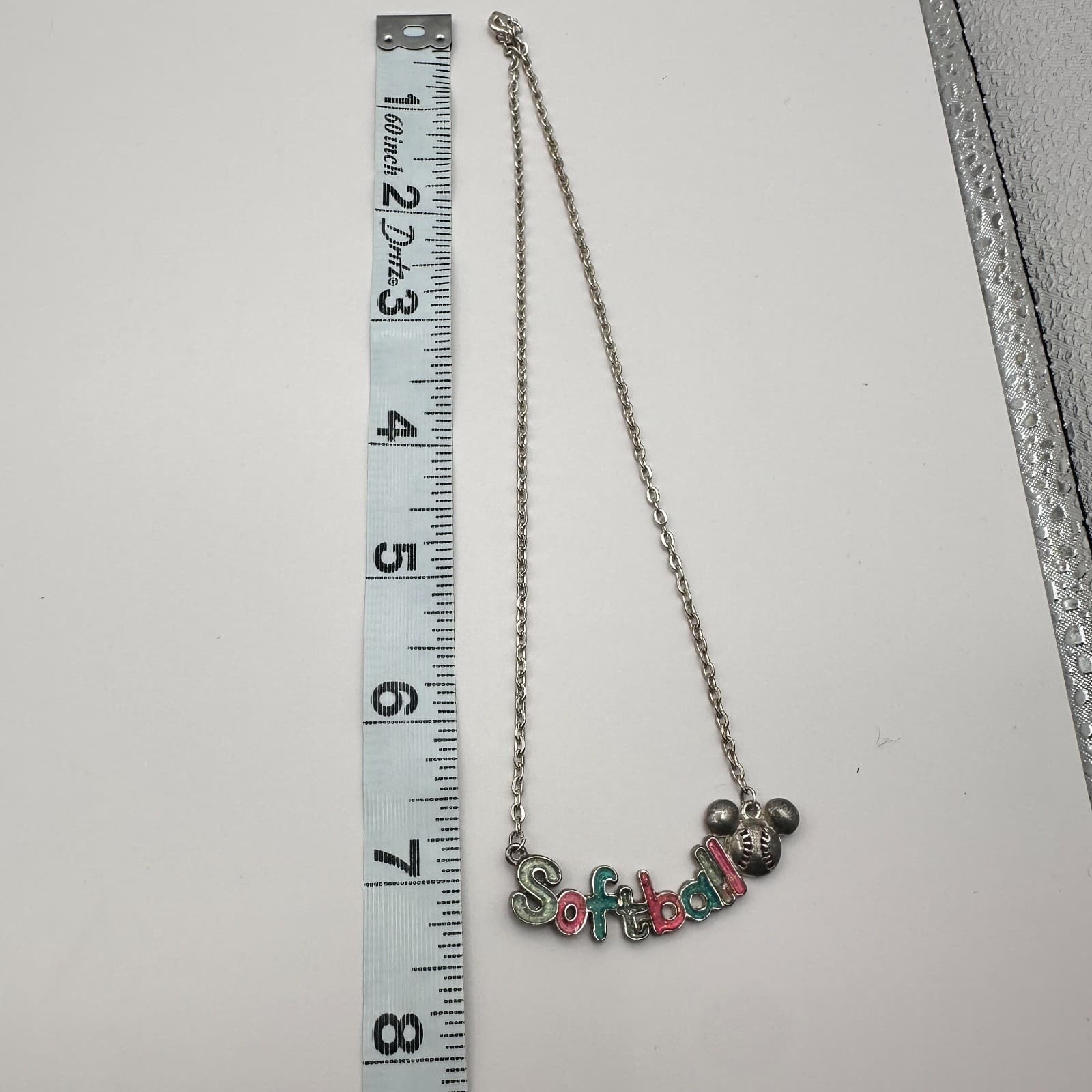 Vintage 80s Softball Word Pendant Necklace Silver Tone Cable Chain Retro Jewelry - Thumbnail 10