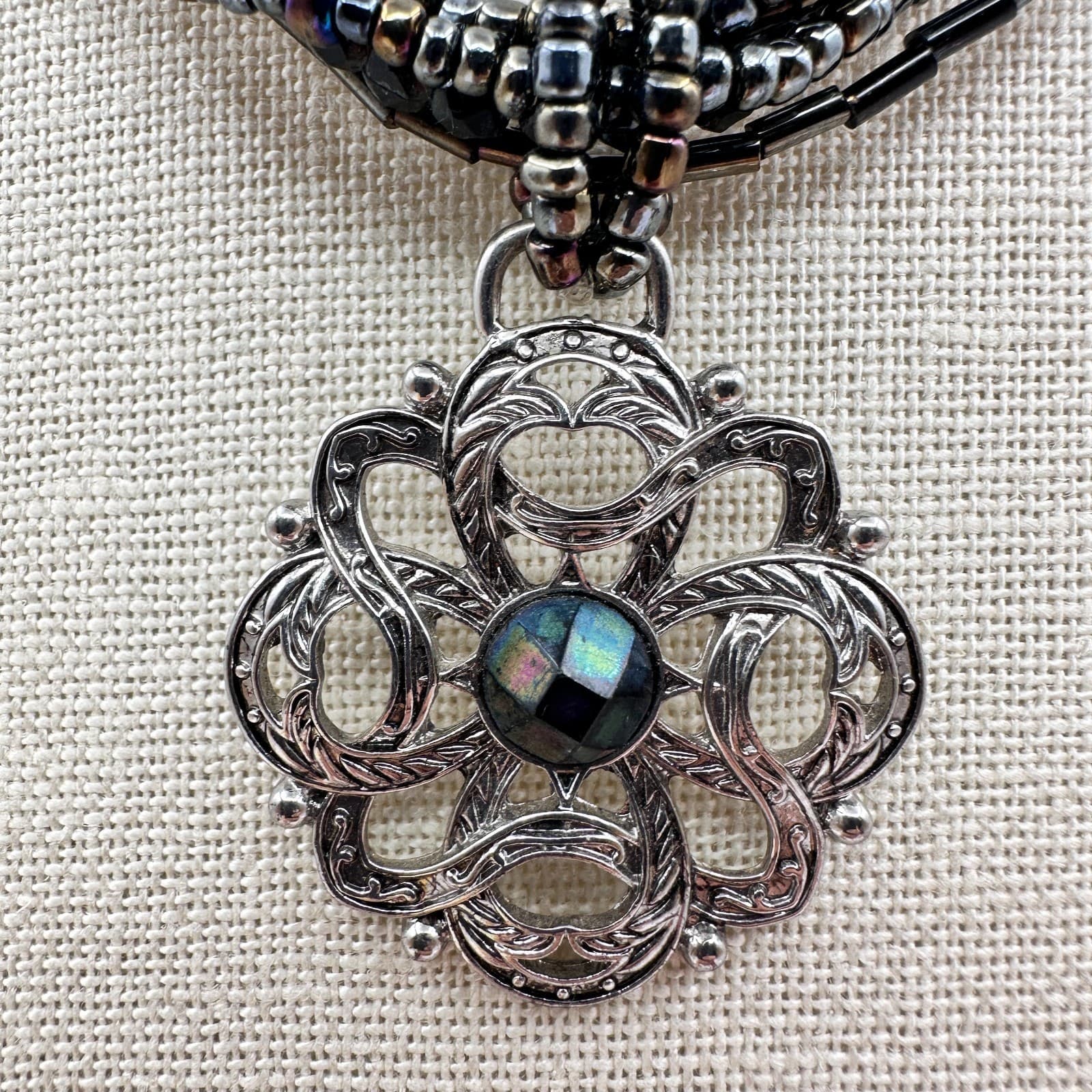 Vintage 90s Silver Tone Multi-Strand Beaded Open Floral Pendant Necklace Jewelry - Thumbnail 6