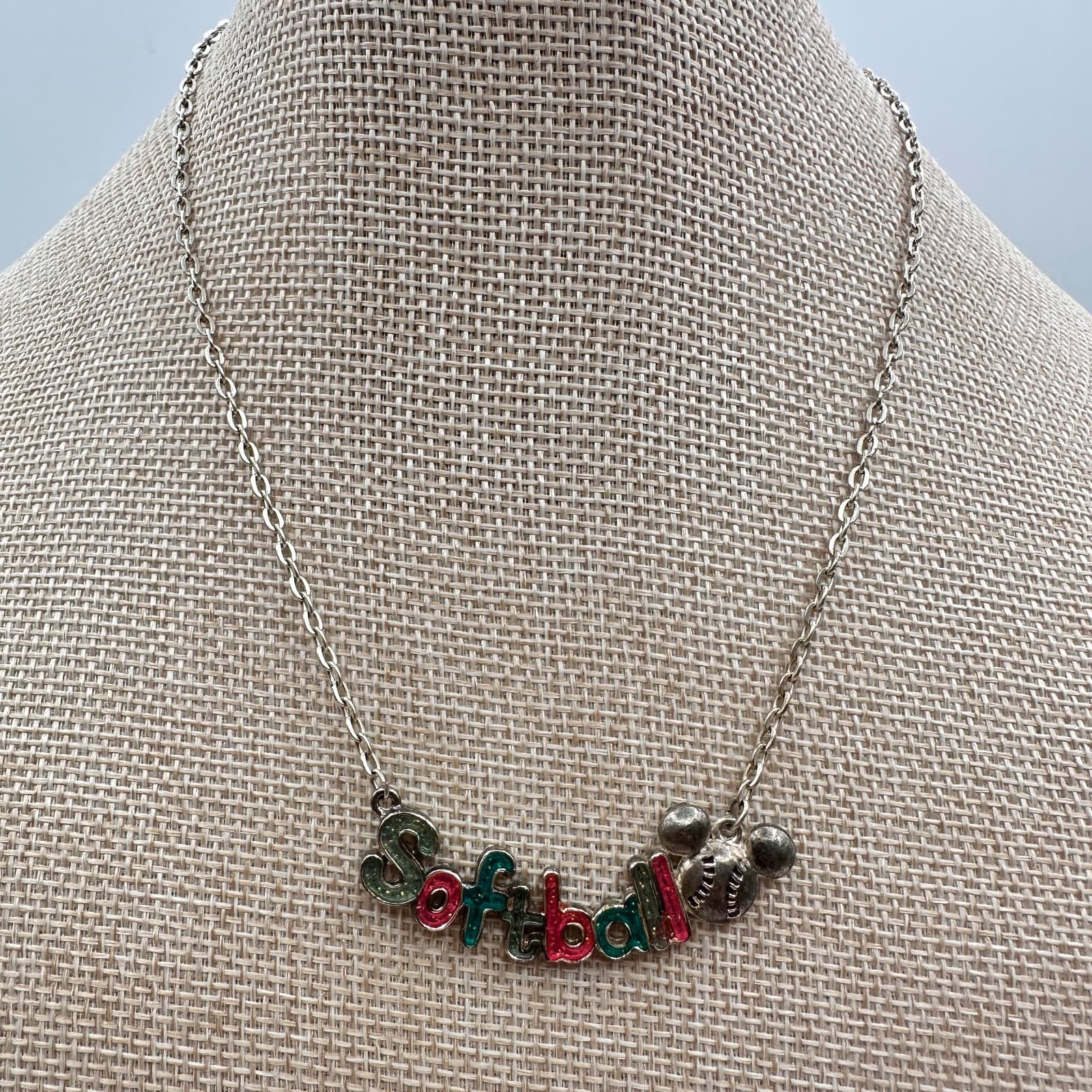 Vintage 80s Softball Word Pendant Necklace Silver Tone Cable Chain Retro Jewelry - Thumbnail 2