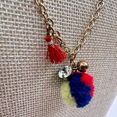 Vintage 80s Gold Tone Chain Necklace Red Navy Po Tassel Charm Rhinestone Jewelry - Thumbnail 4