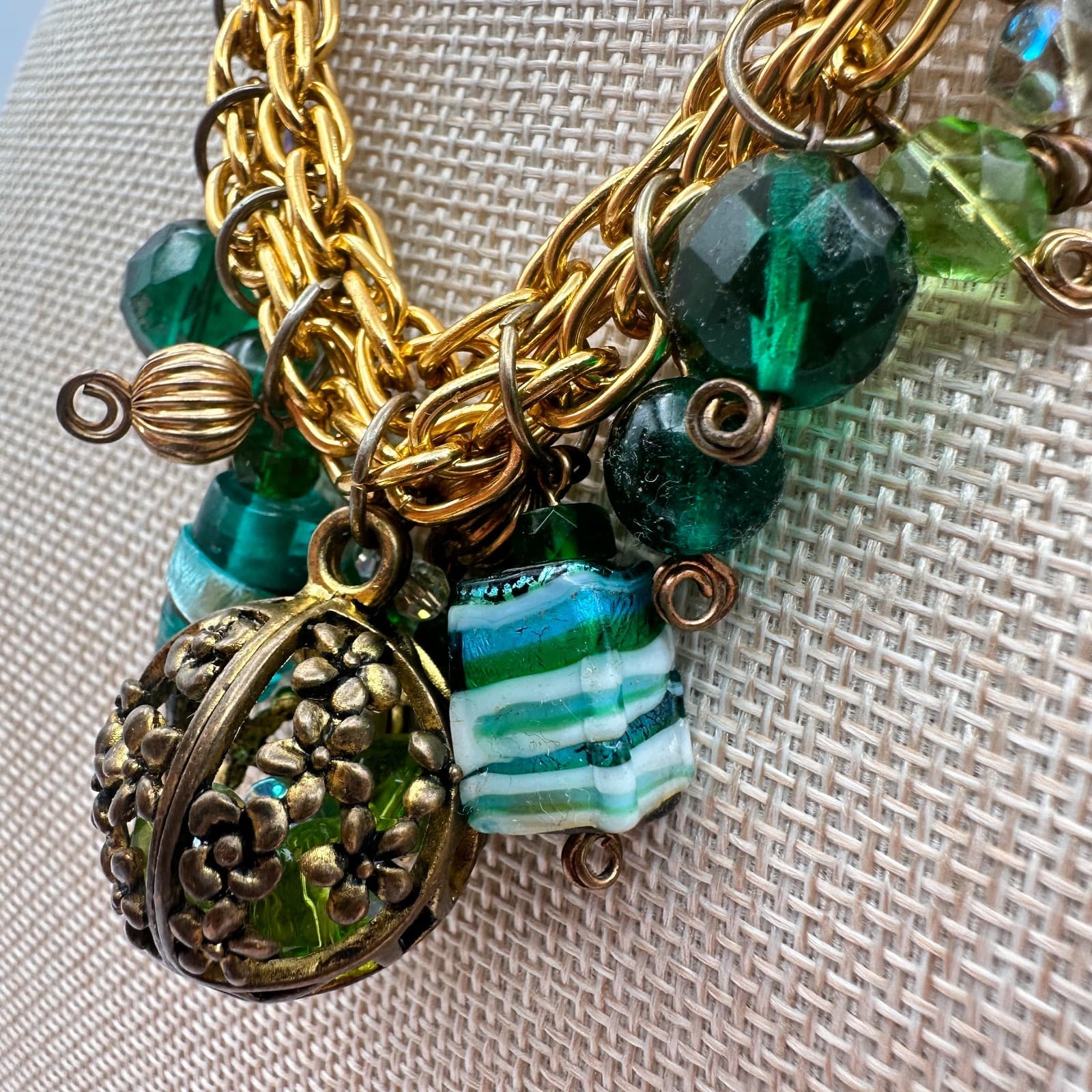 Vintage 90s Gold Tone Green Glass Bead Statement Necklace Floral Cage Pendant - Thumbnail 5