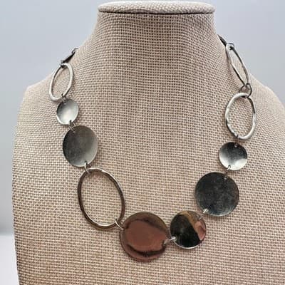 Vintage 90s Silver Tone Disc Oval Link Necklace Statement Women's Jewelry - Thumbnail 5