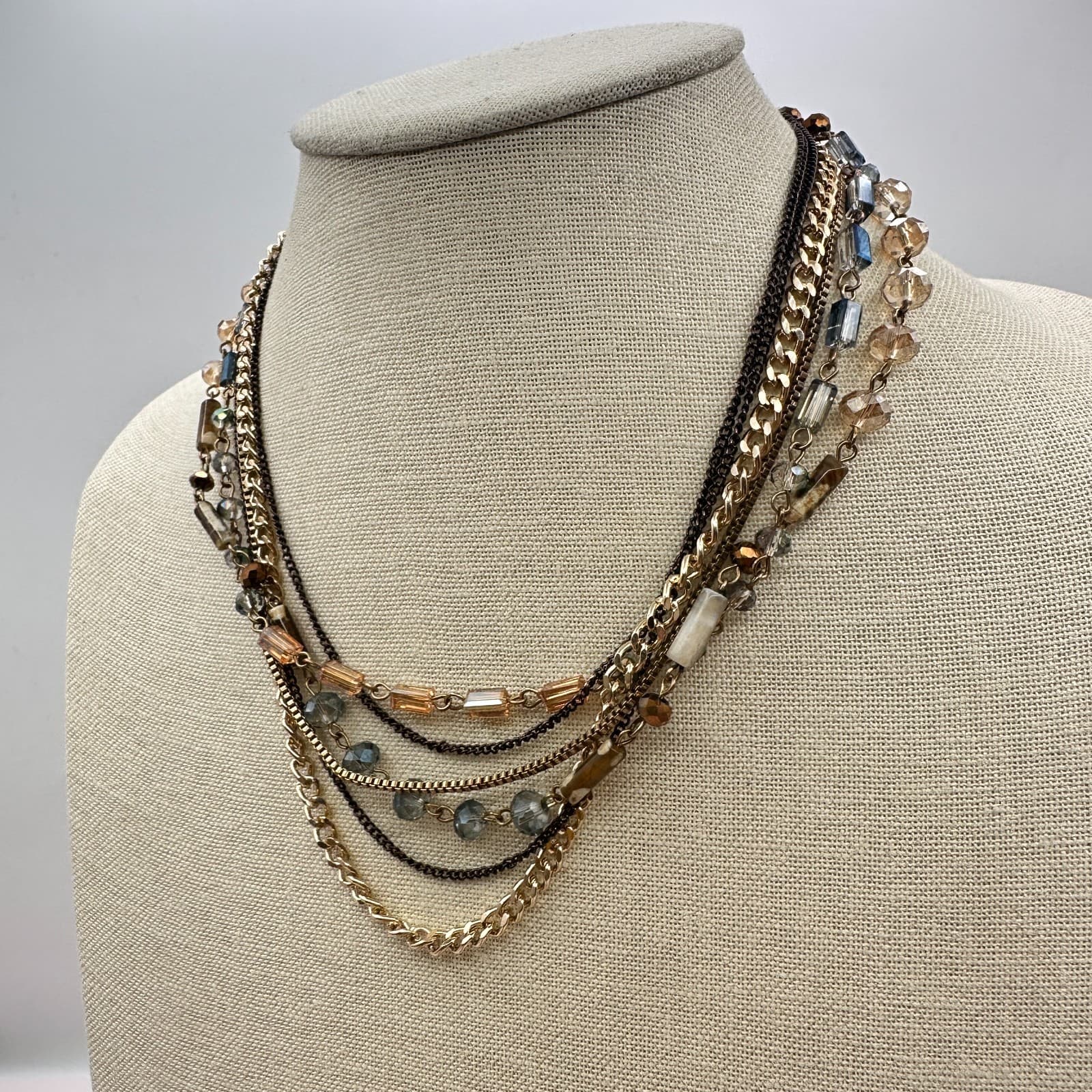 Vintage 80s Sweet Escape Multi Strand Beaded Necklace Mixed Gold Chain Jewelry - Thumbnail 6