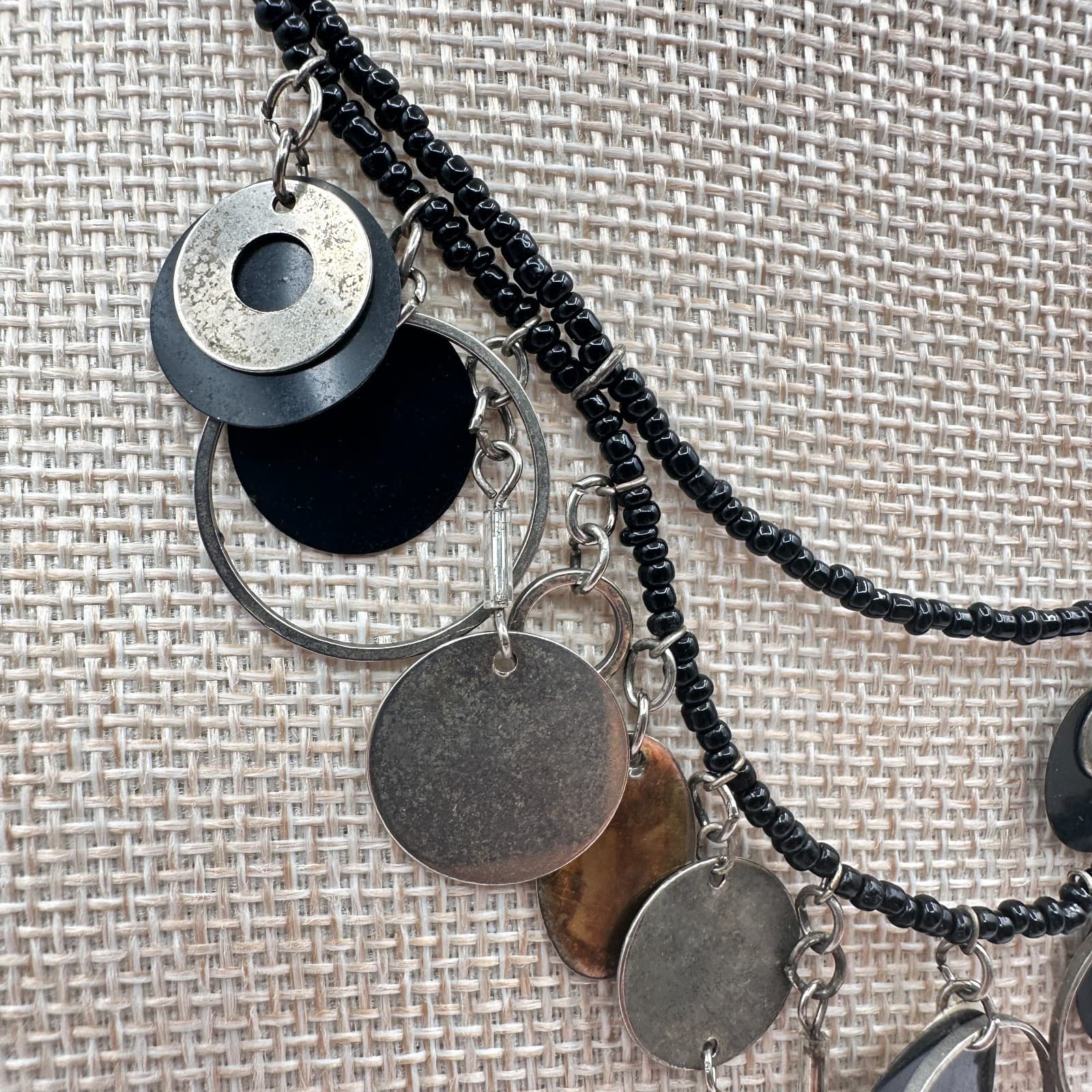Vintage 80s Multi Strand Black Bead Statement Necklace Silver Disc Charm Jewelry - Thumbnail 5