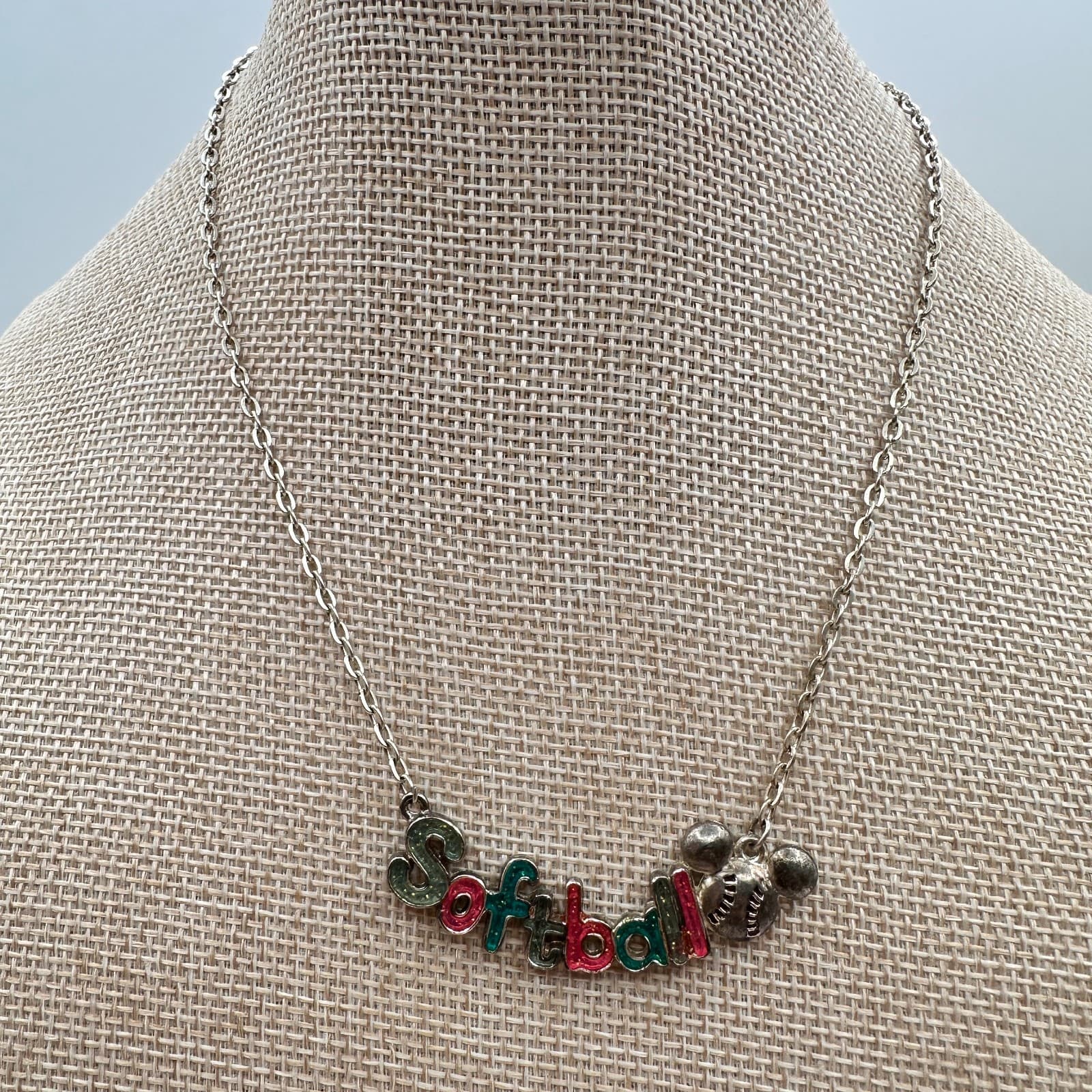 Vintage 80s Softball Word Pendant Necklace Silver Tone Cable Chain Retro Jewelry - Thumbnail 8