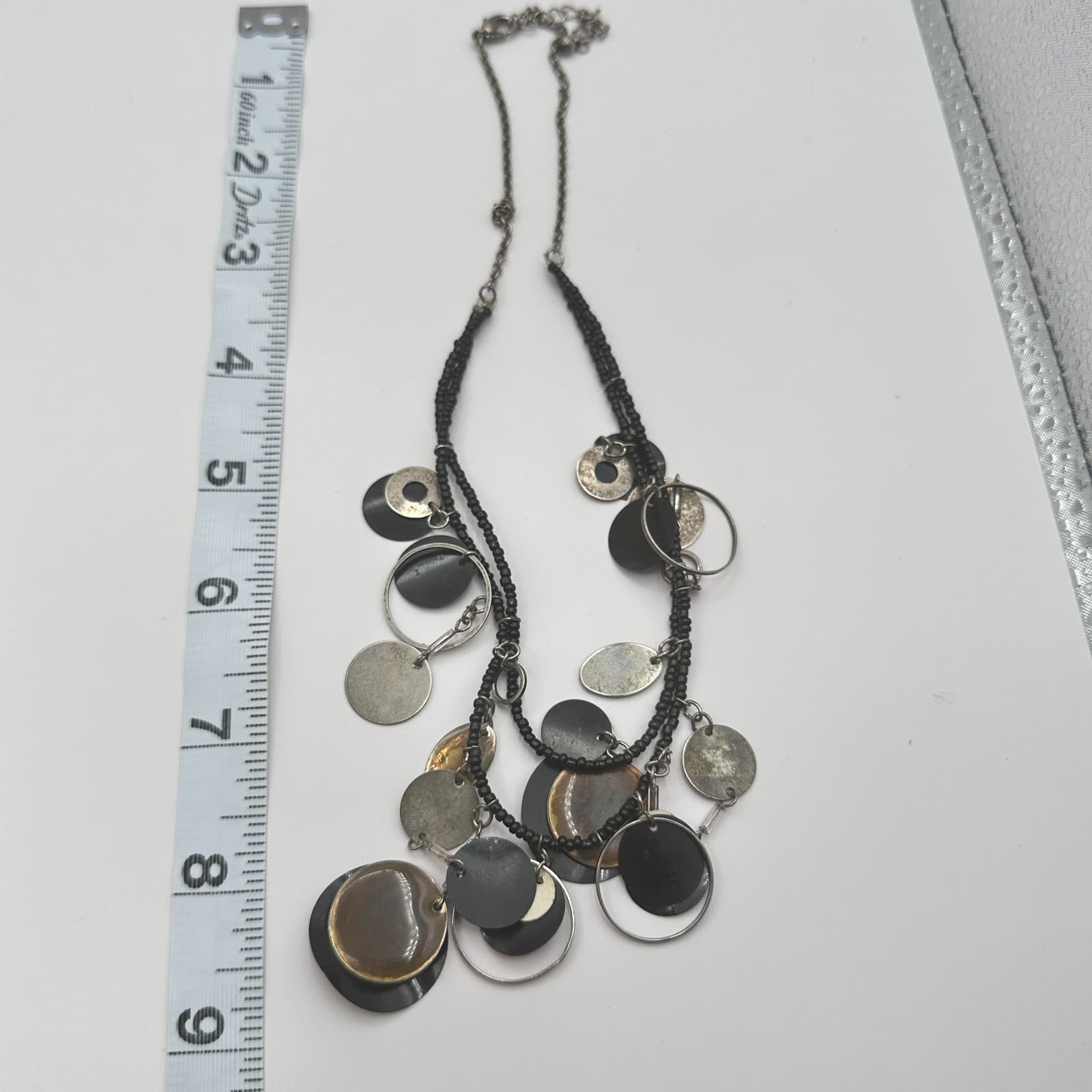 Vintage 80s Multi Strand Black Bead Statement Necklace Silver Disc Charm Jewelry - Thumbnail 9