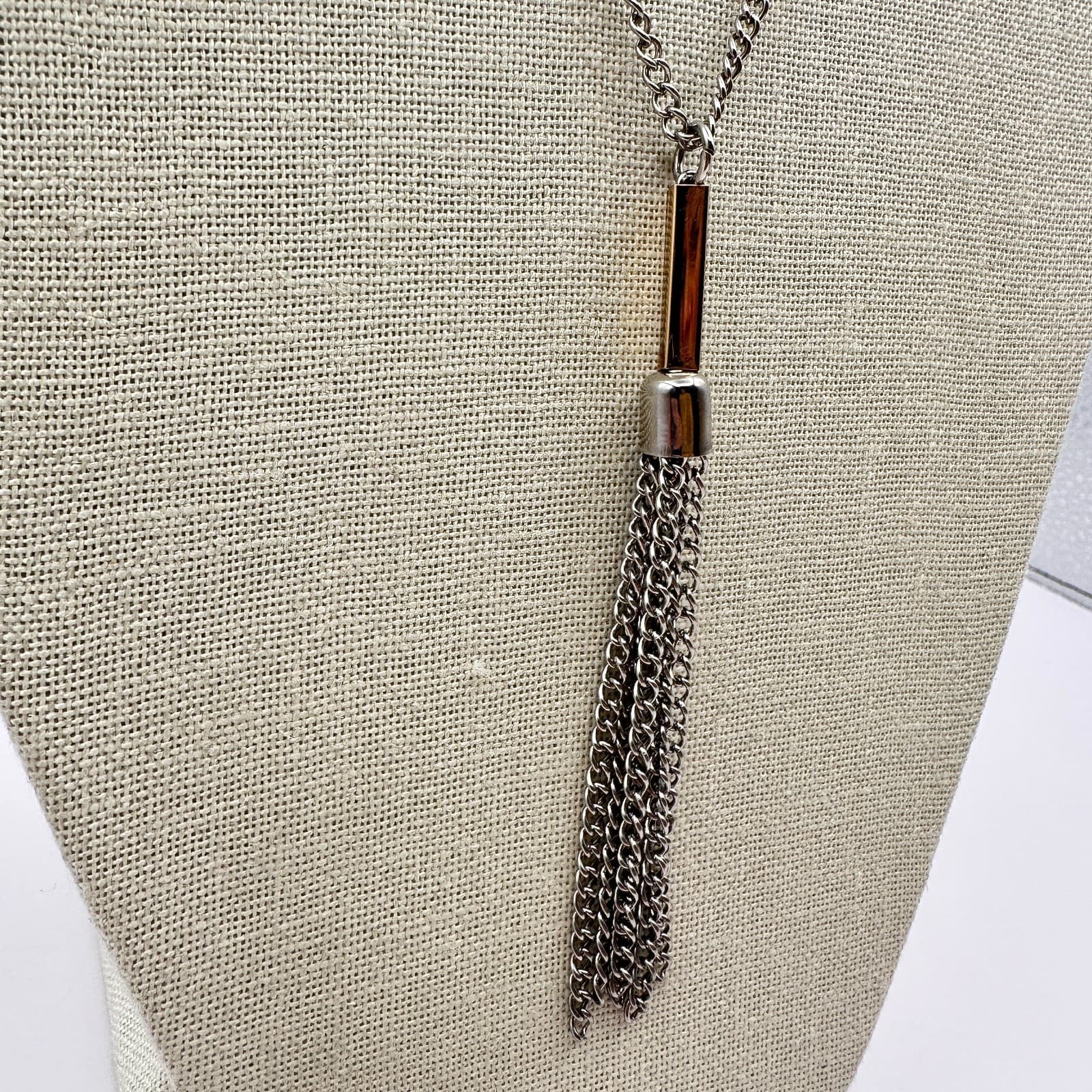Vintage Y2K Silver Tone Curb Chain Tassel Fringe Pendant Necklace Jewelry - Thumbnail 4