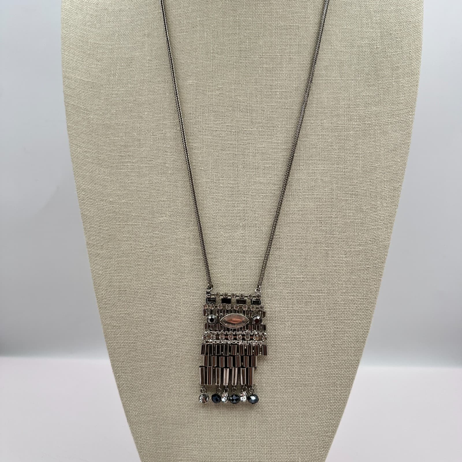 Vintage Y2K Silver Tone Clear Rhinestone Beaded Fringe Pendant Necklace Jewelry - Thumbnail 2