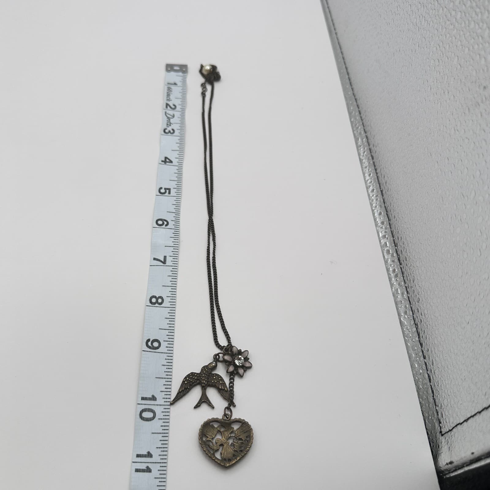 Vintage 80s Bird Heart Necklace Oxidized Silver Tone Flower Pendant Jewelry - Thumbnail 8