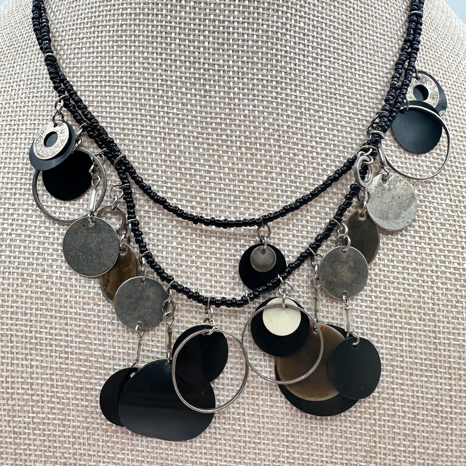 Vintage 80s Multi Strand Black Bead Statement Necklace Silver Disc Charm Jewelry - Thumbnail 3