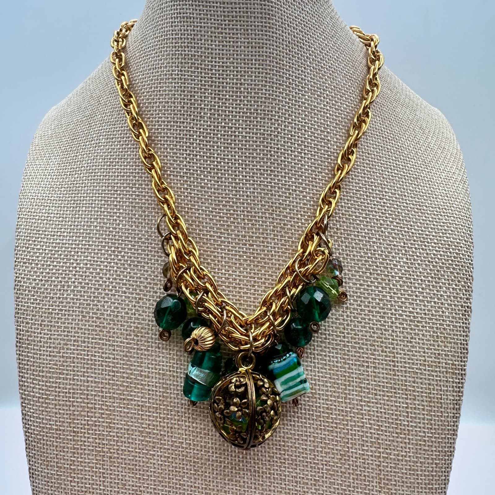 Vintage 90s Gold Tone Green Glass Bead Statement Necklace Floral Cage Pendant - Thumbnail 7